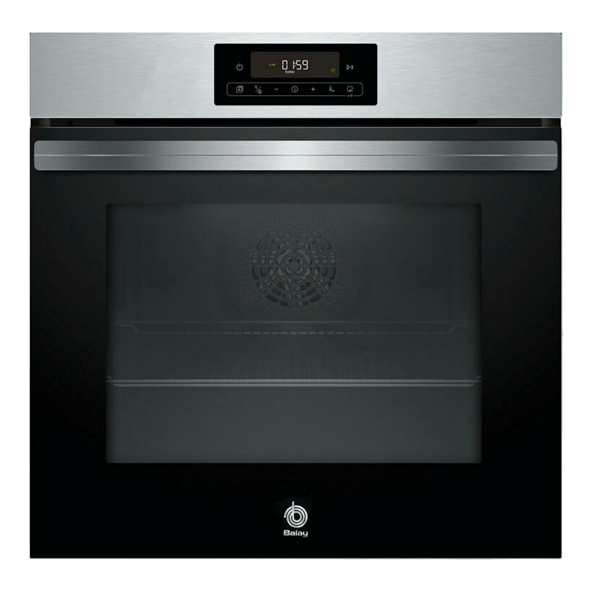 Horno Balay 3HB4821X2 de acero inoxidable y cristal negro, vista frontal con panel digital.