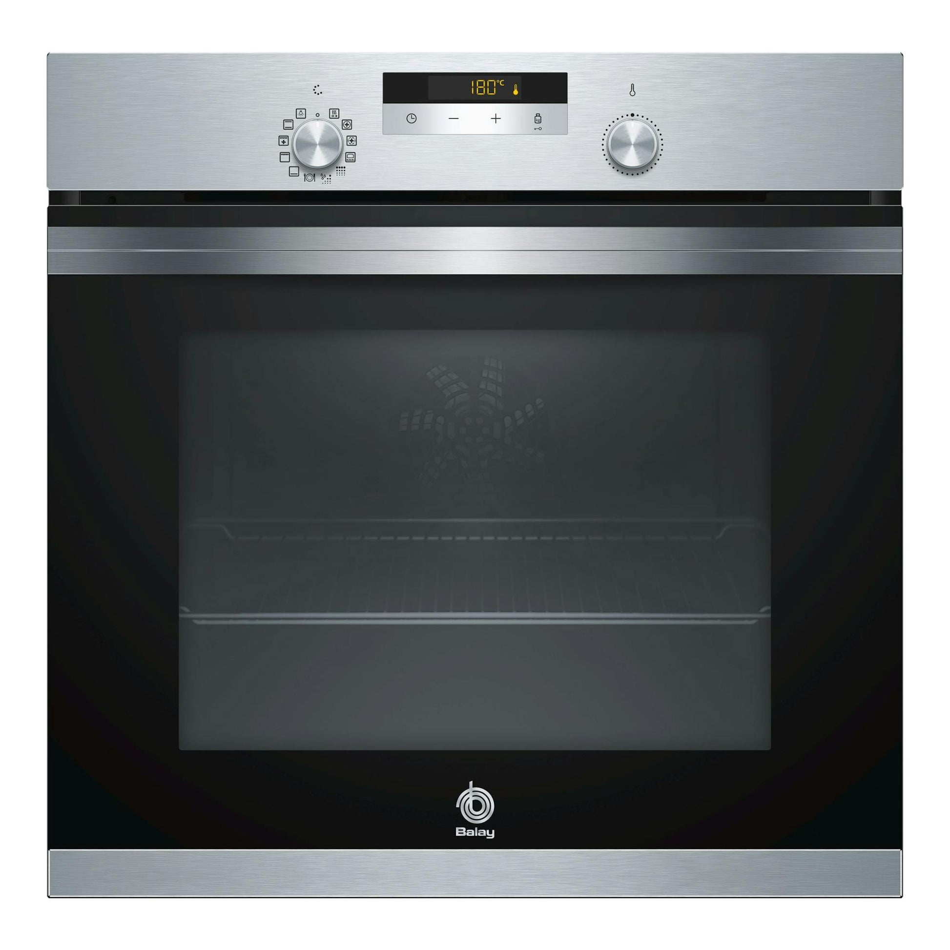 Horno Balay 3HB4841X1 en vista frontal, acabado inox y cristal negro, con dos mandos y display digital.