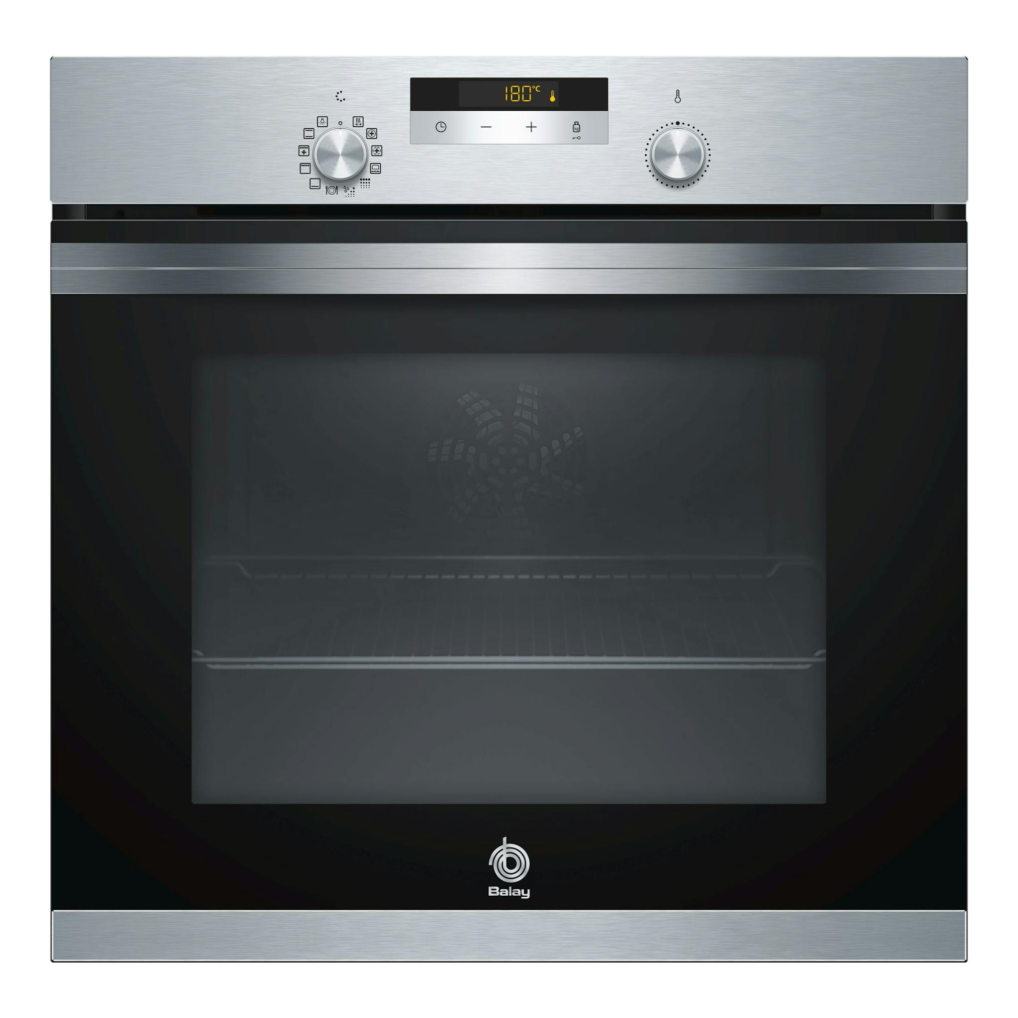 Horno Balay 3HB4841X1 en vista frontal, acabado inox y cristal negro, con dos mandos y display digital.