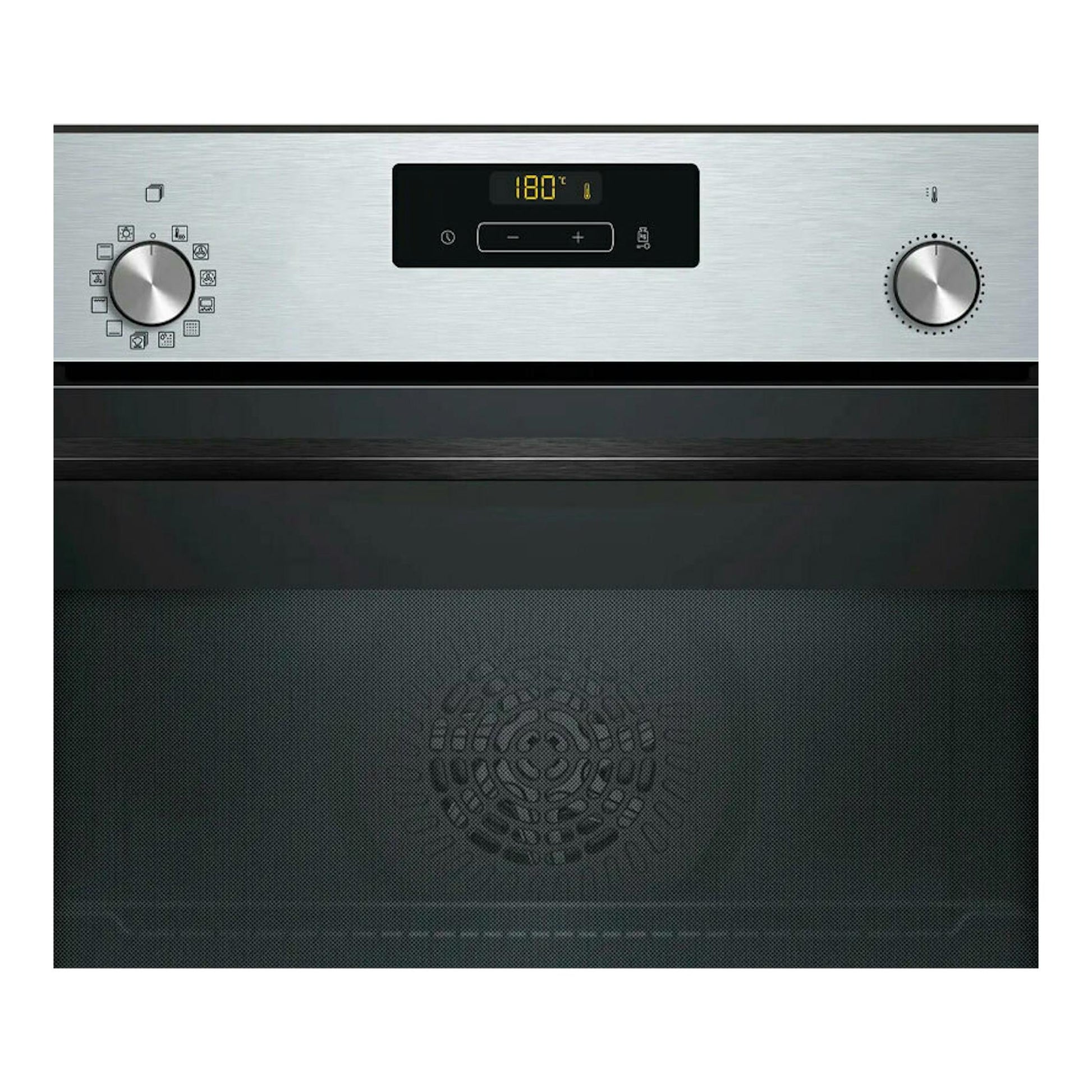 Horno Balay 3HB4841X3 inox, vista frontal, con dos mandos y display digital.