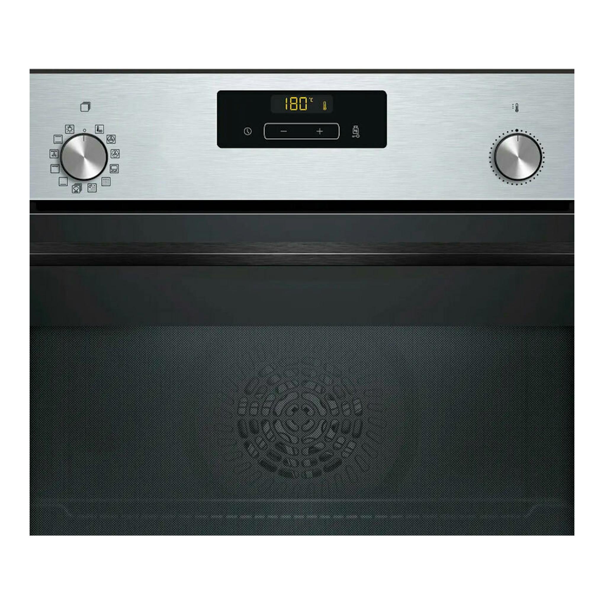 Horno Balay 3HB4841X3 inox, vista frontal, con dos mandos y display digital.