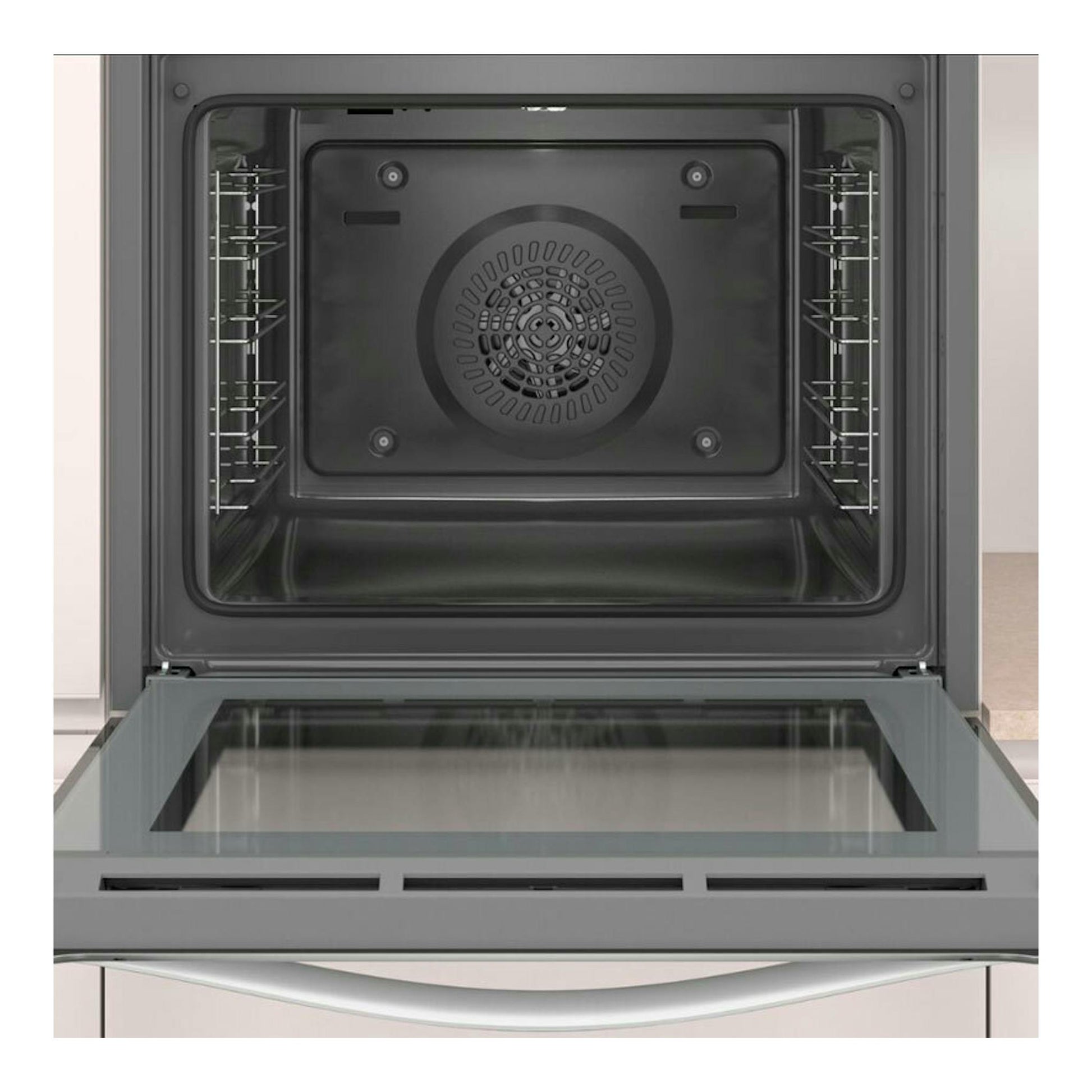 Horno Balay 3HB5000B2 blanco abierto, vista frontal del interior con ventilador y puerta de cristal.