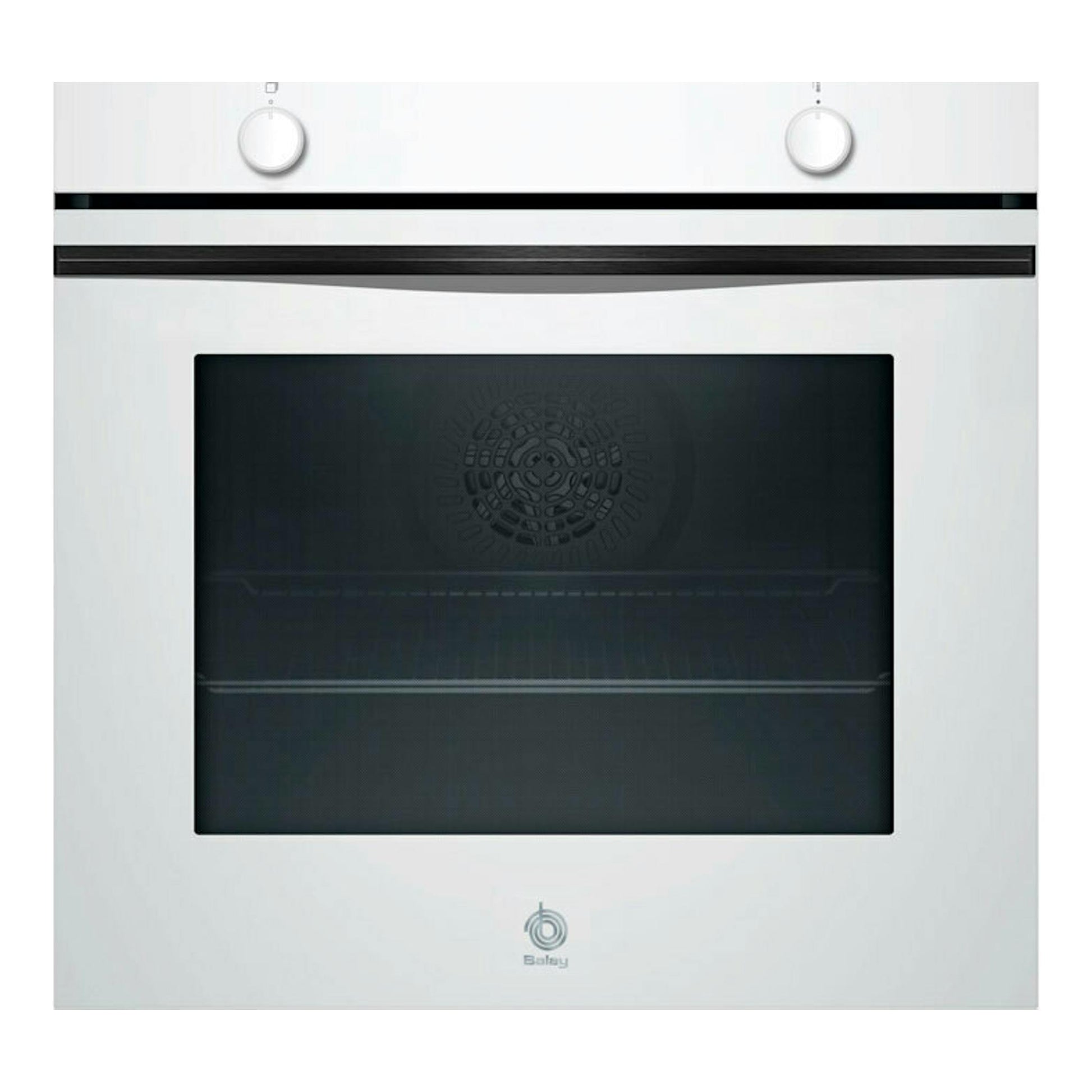 Horno Balay 3HB5000B3 blanco, vista frontal, con puerta de cristal negro y dos mandos superiores.