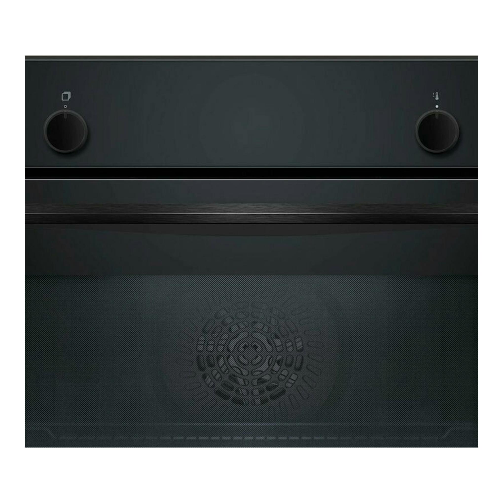 Balay 3HB5000N3, horno empotrable de cristal negro, vista frontal con dos mandos circulares.