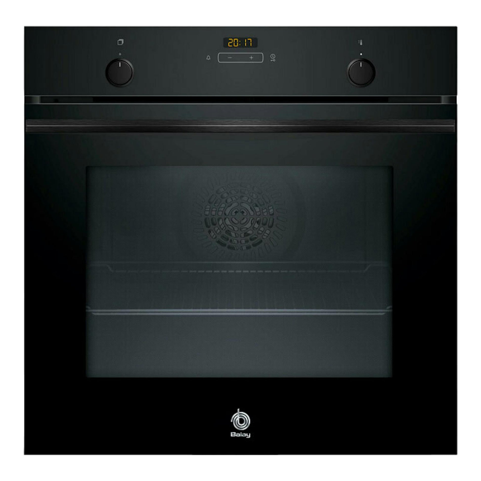 Horno Balay 3HB5131N3 de cristal negro, vista frontal, con panel digital y dos mandos.