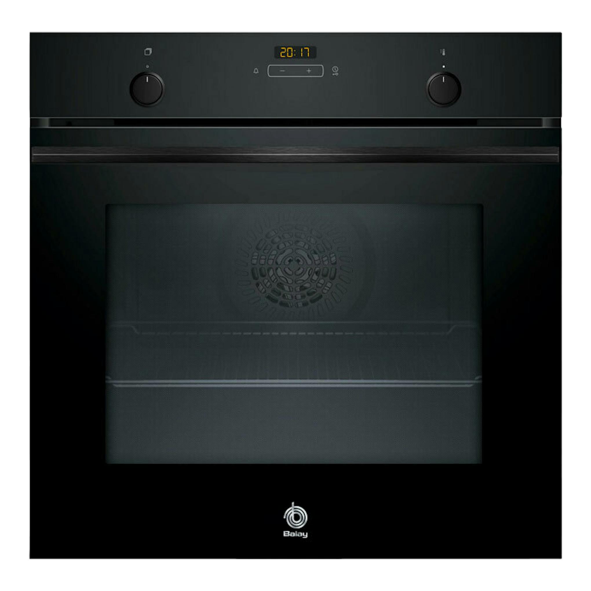 Horno Balay 3HB5131N3 de cristal negro, vista frontal, con panel digital y dos mandos.