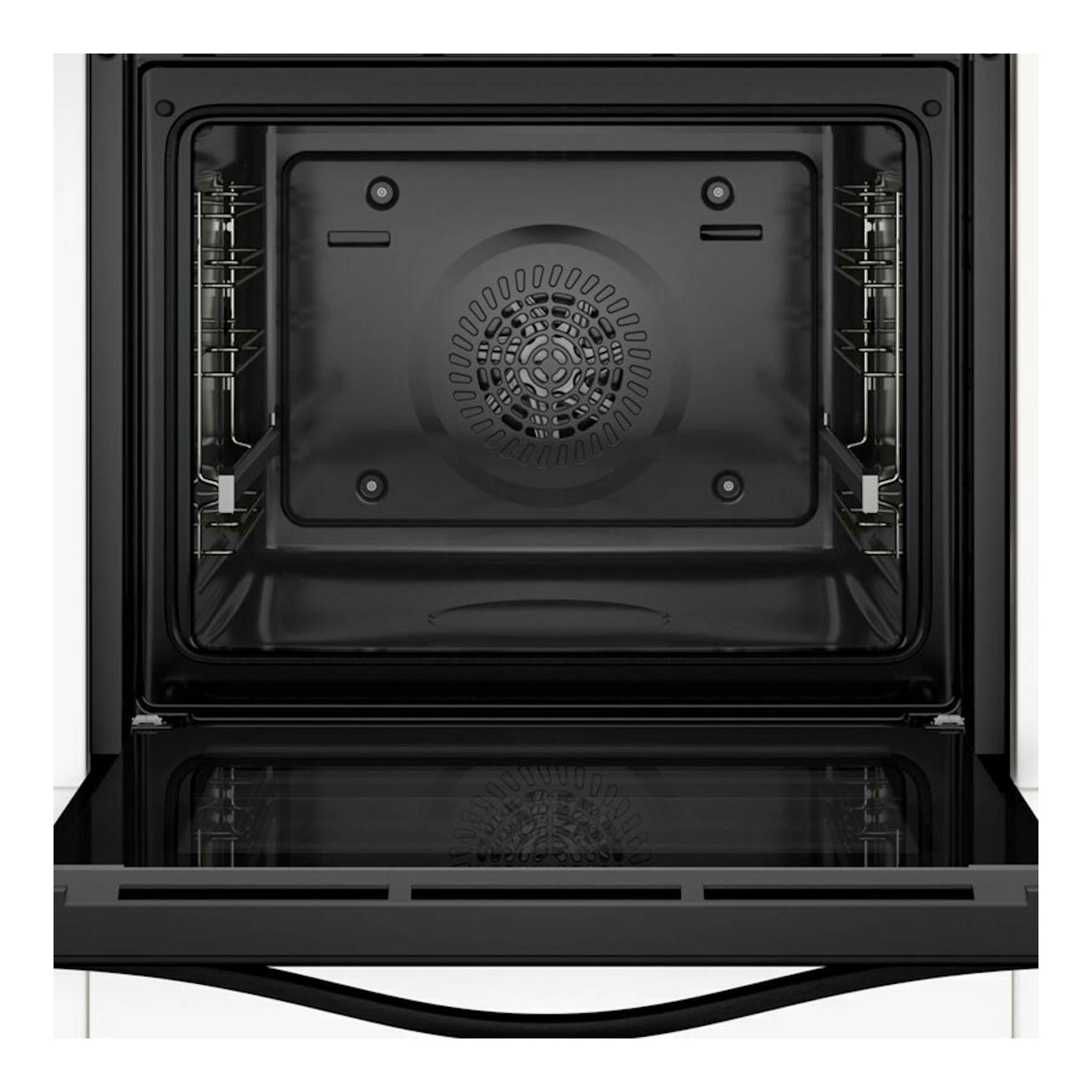 Balay 3HB5131N3, horno de cristal negro, vista frontal interior con la puerta abatida.
