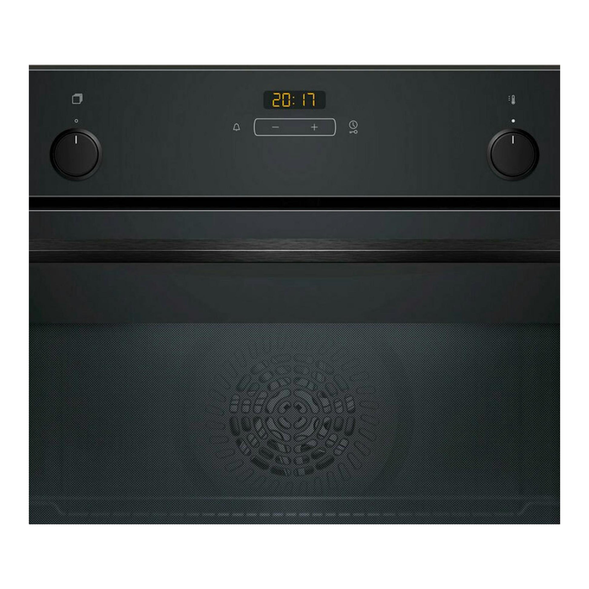 Horno Balay 3HB5131N3 de cristal negro, vista frontal, con dos mandos y reloj digital.
