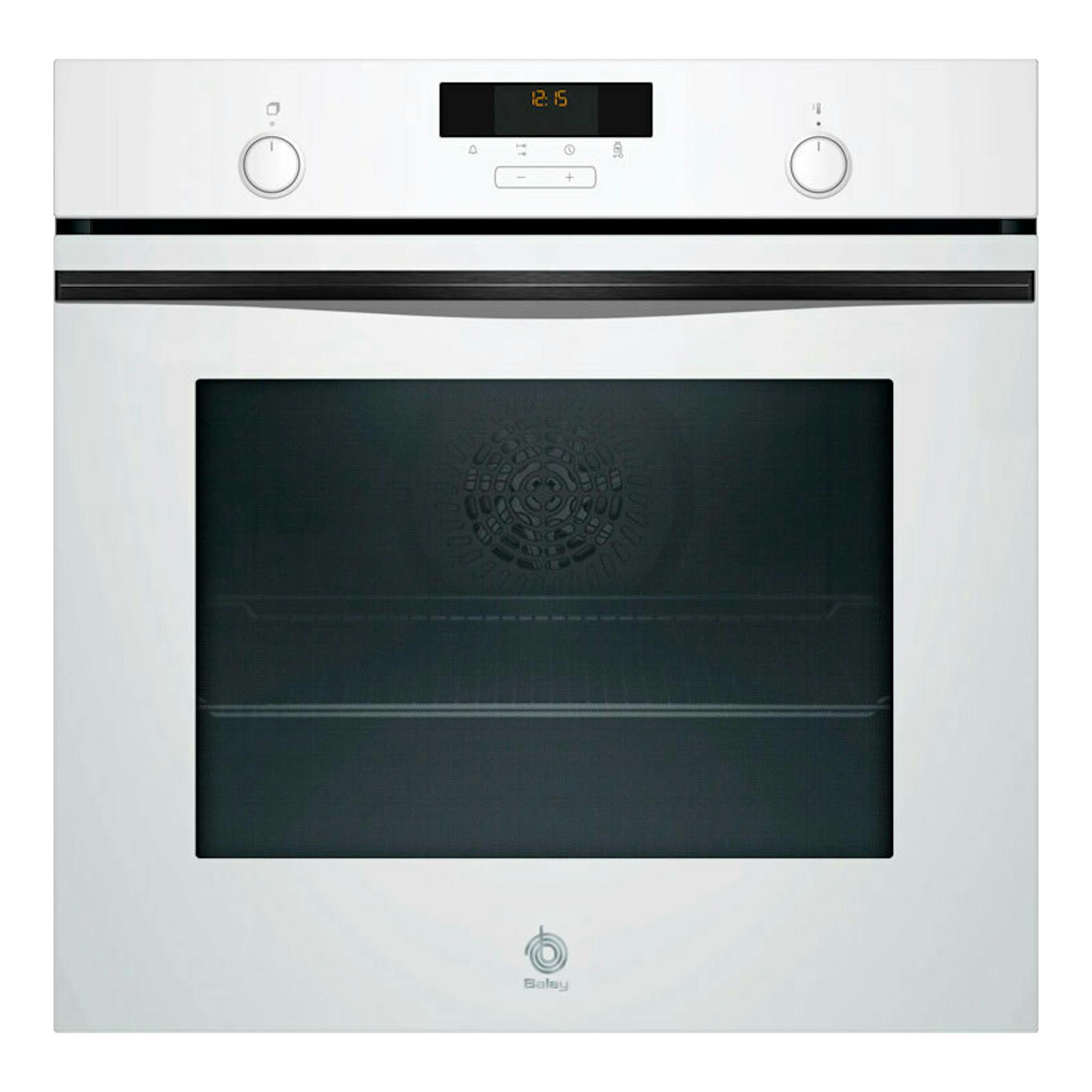 Horno Balay 3HB5159B3 blanco, vista frontal, con dos mandos, display digital y puerta de cristal negro.