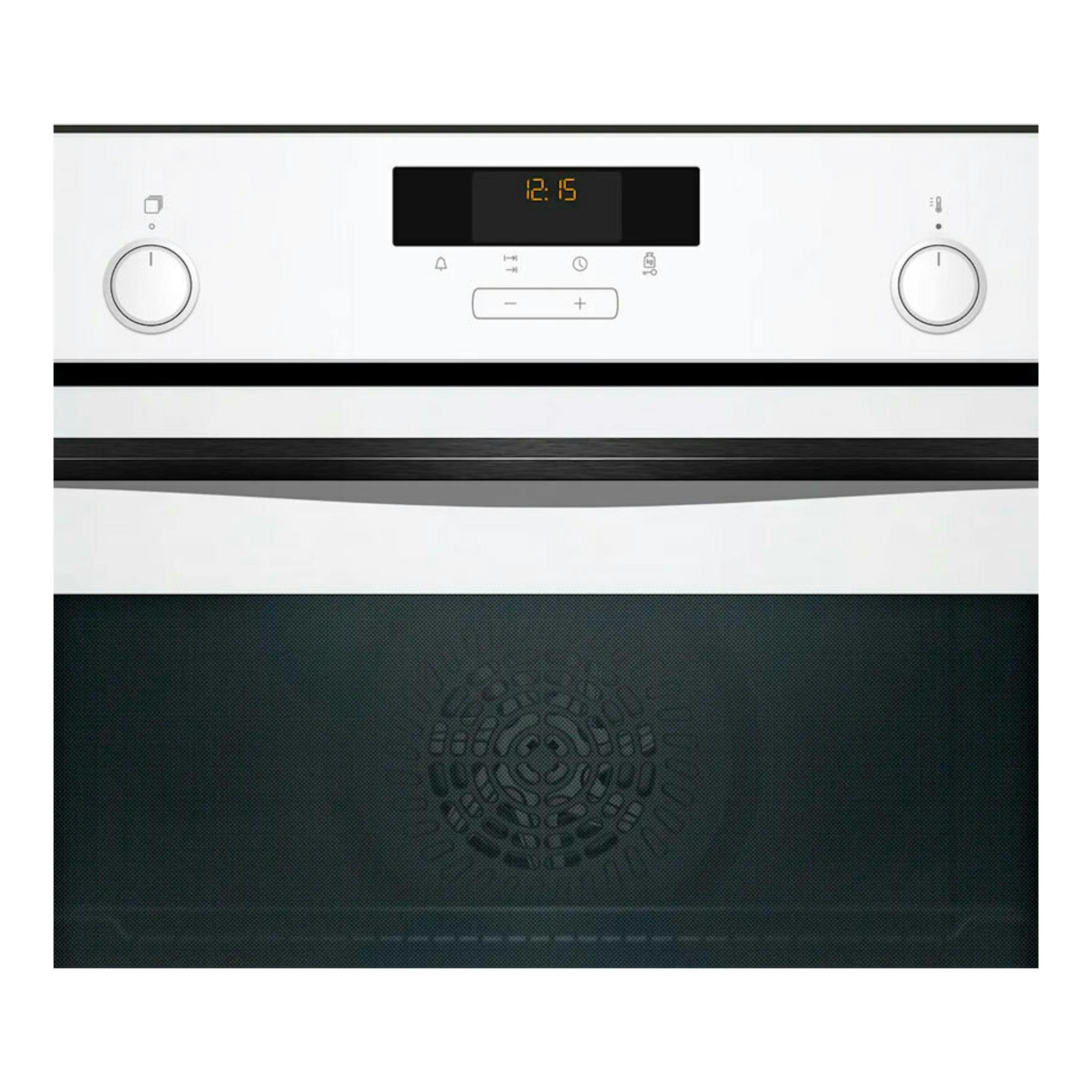 Horno Balay 3HB5159B3 blanco, vista frontal, con panel digital, dos mandos y puerta de cristal negro.