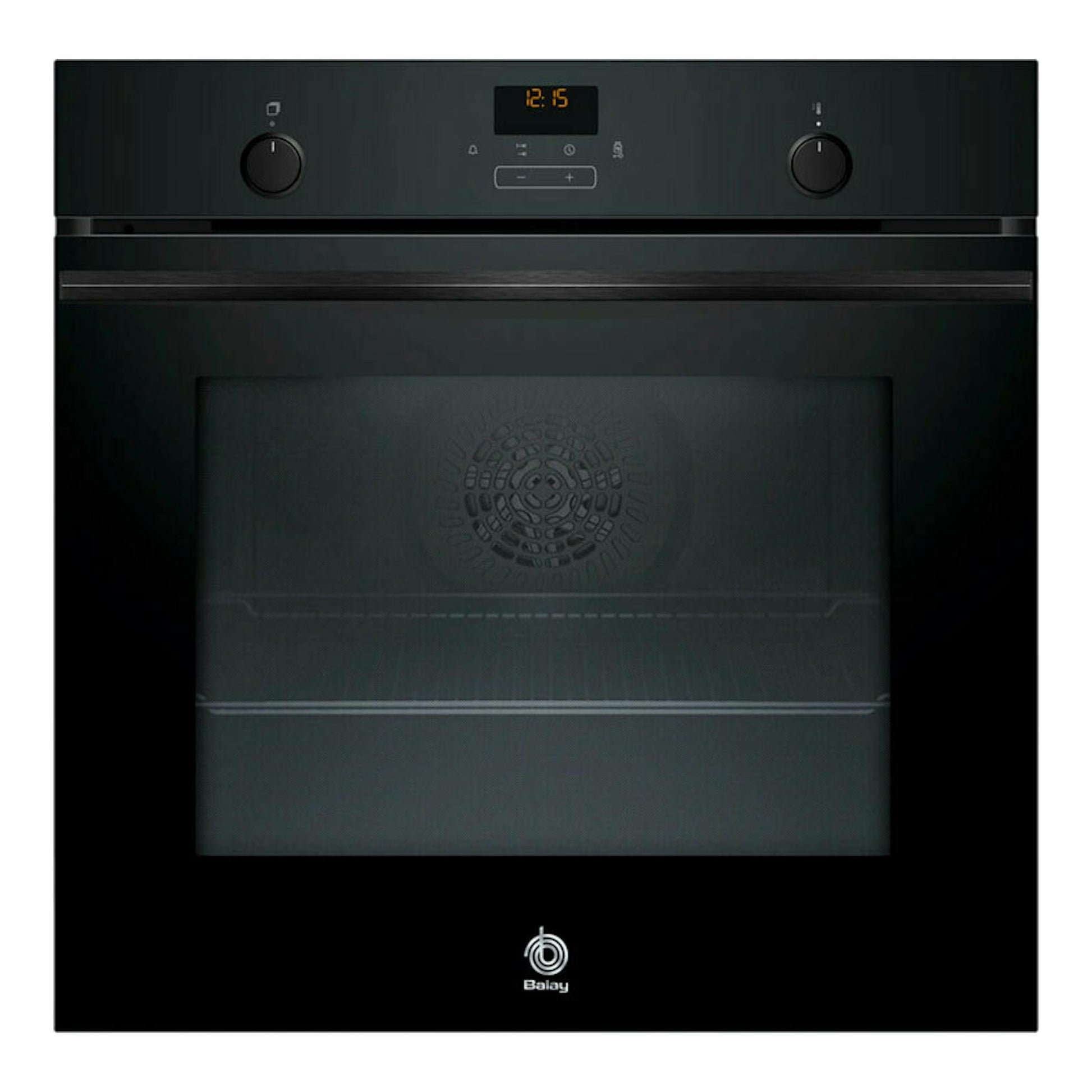 Horno Balay 3HB5159N3 de cristal negro, vista frontal, con display digital y dos mandos.