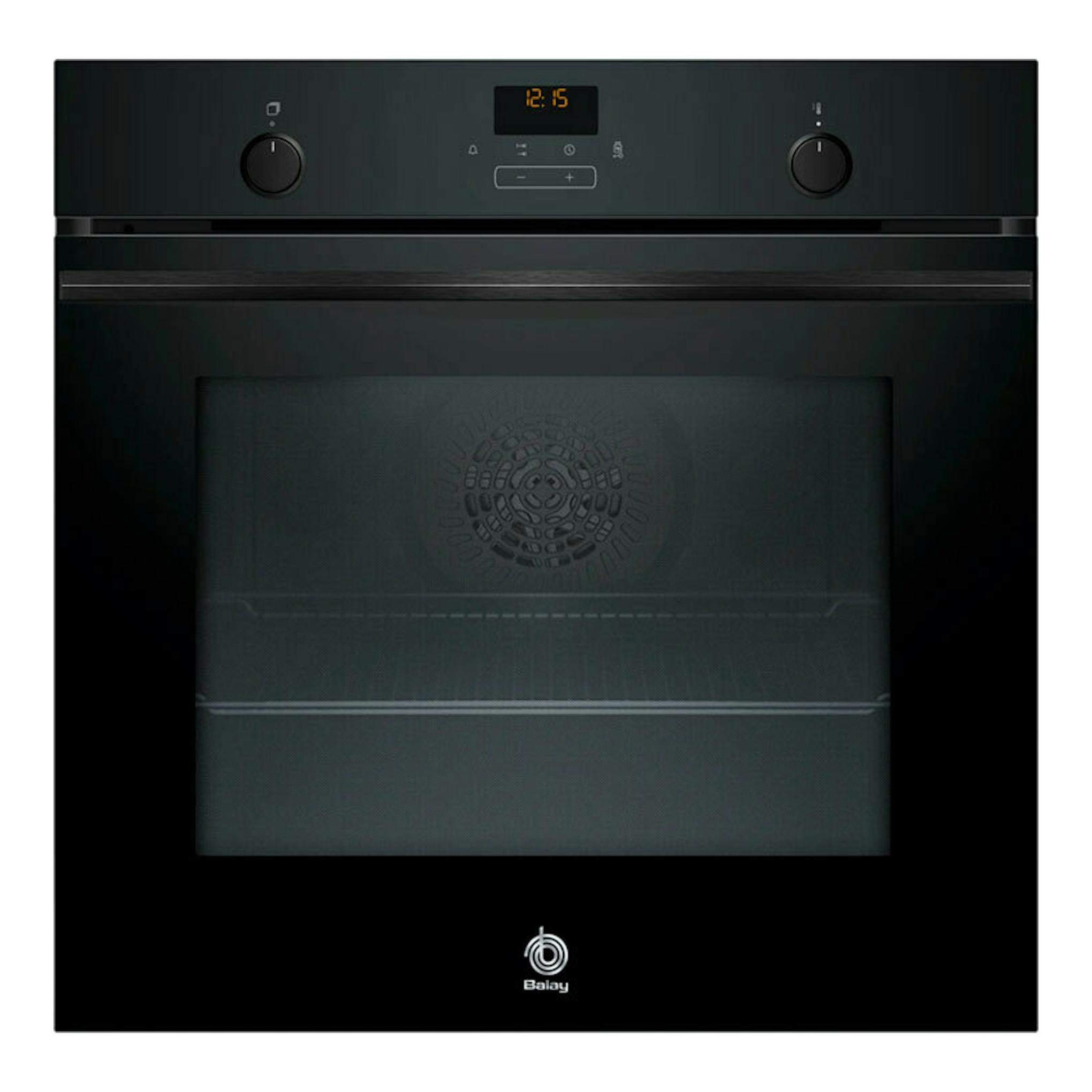 Horno Balay 3HB5159N3 de cristal negro, vista frontal, con display digital y dos mandos.