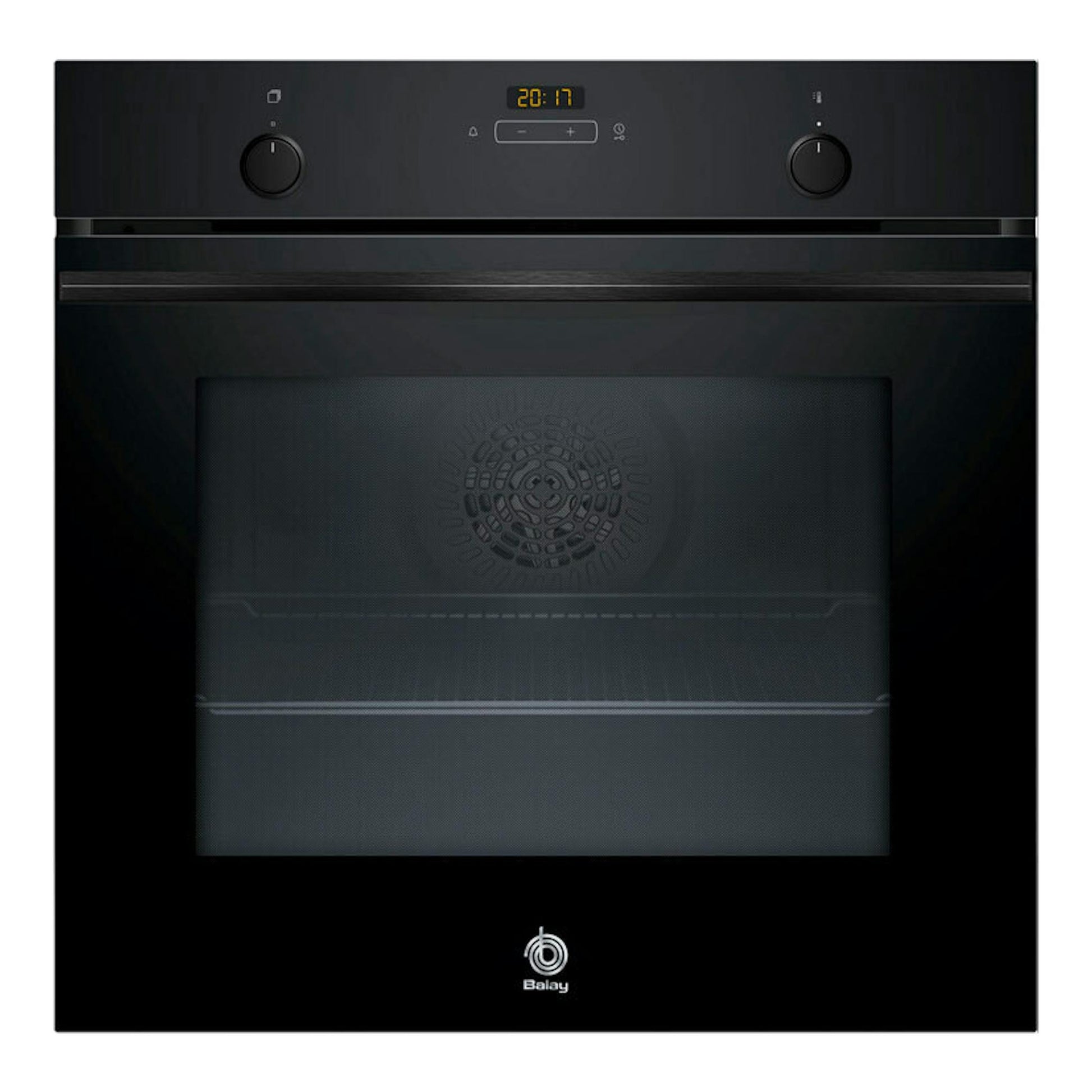 Horno Balay 3HB5159N4 de cristal negro, vista frontal, con dos mandos y display digital.