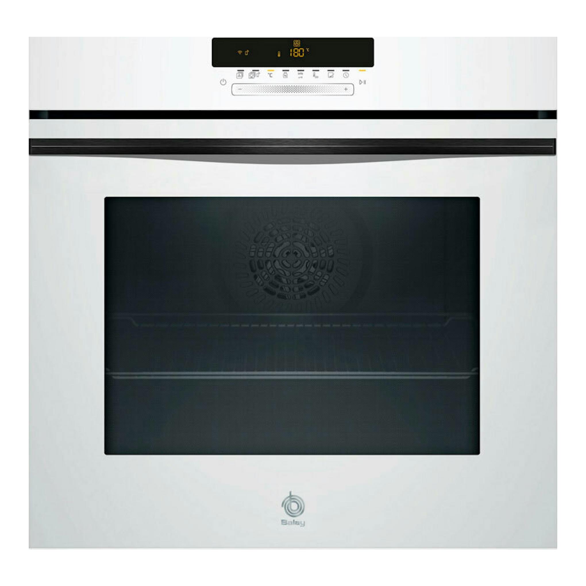 Horno Balay 3HB5879B7 blanco, vista frontal, con puerta de cristal negro y panel digital superior.