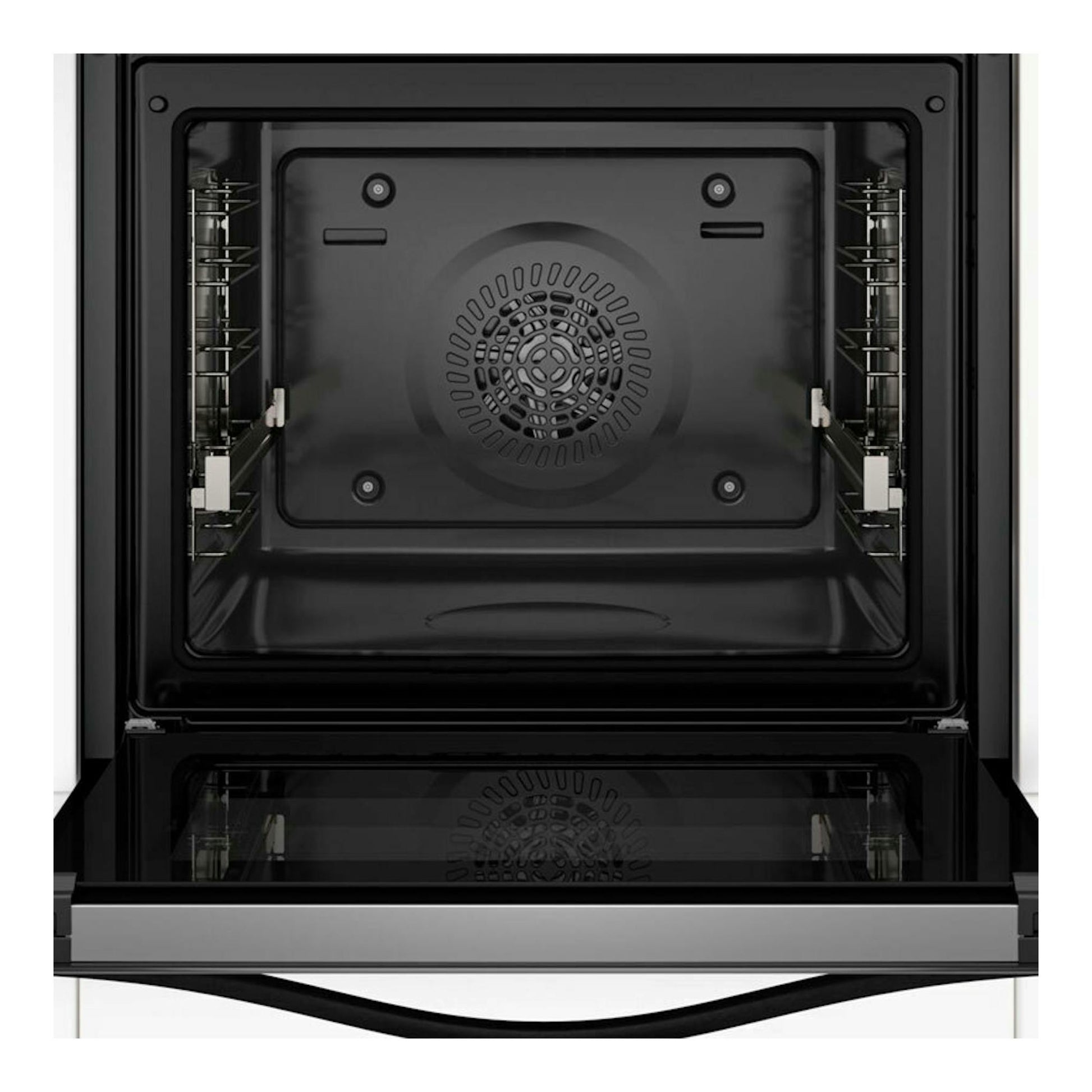 Horno Balay 3HB5879B7, vista frontal con puerta abatida, interior negro y ventilador trasero.