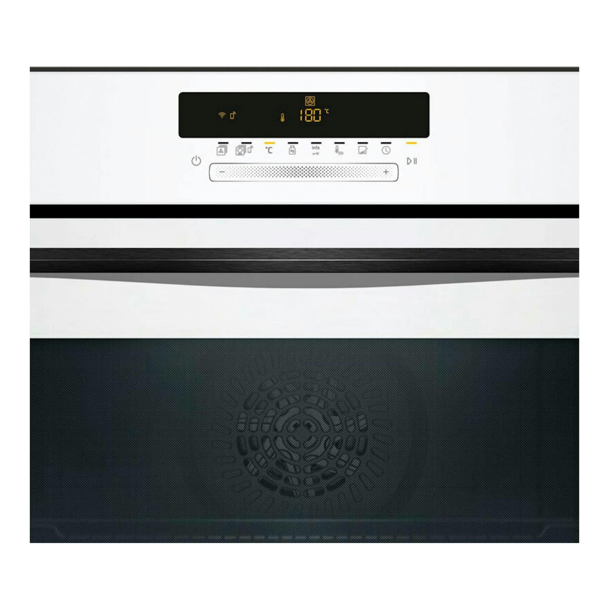 Horno Balay 3HB5879B7 de cristal blanco, vista frontal, con panel digital negro y display amarillo.