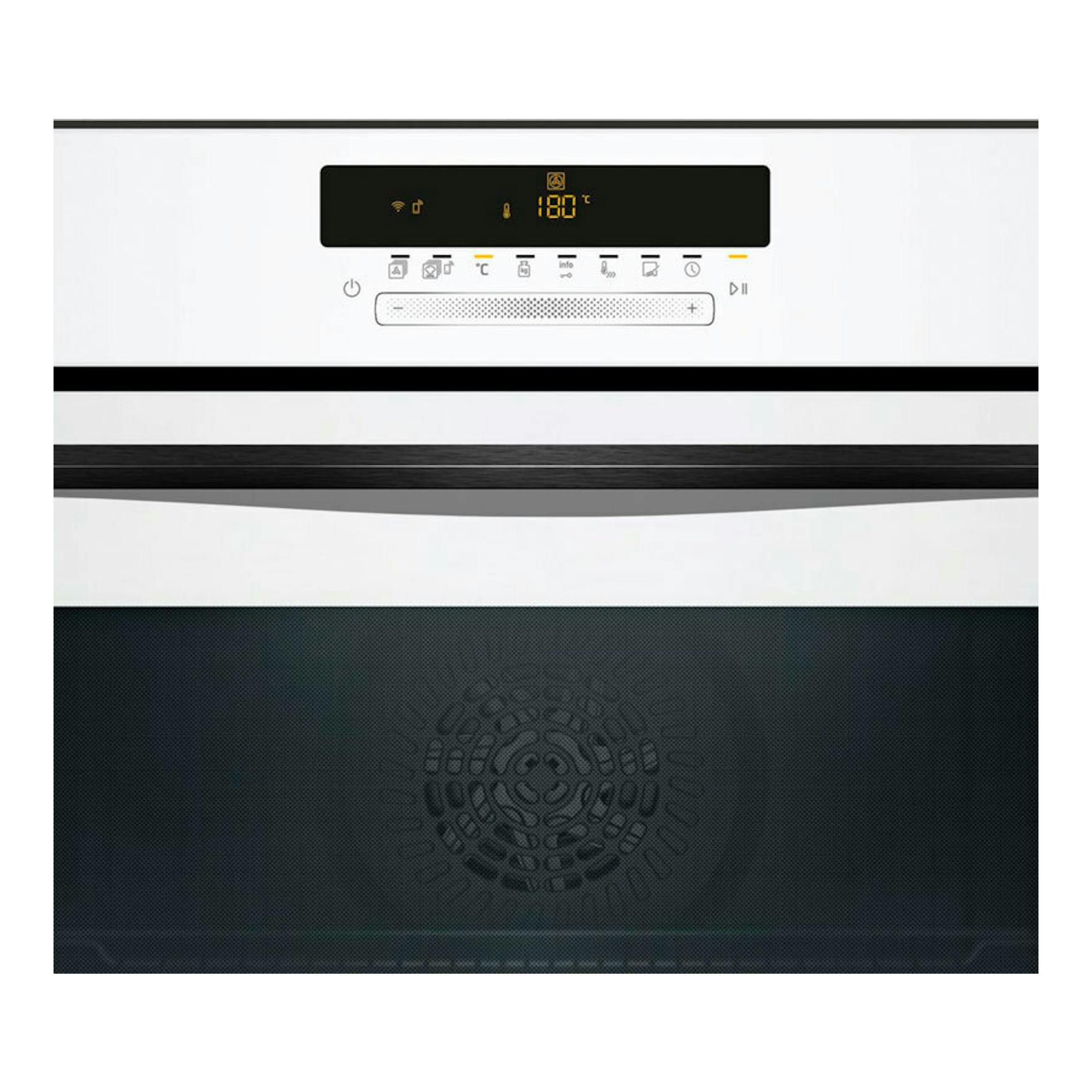 Horno Balay 3HB5879B7 de cristal blanco, vista frontal, con panel digital negro y display amarillo.