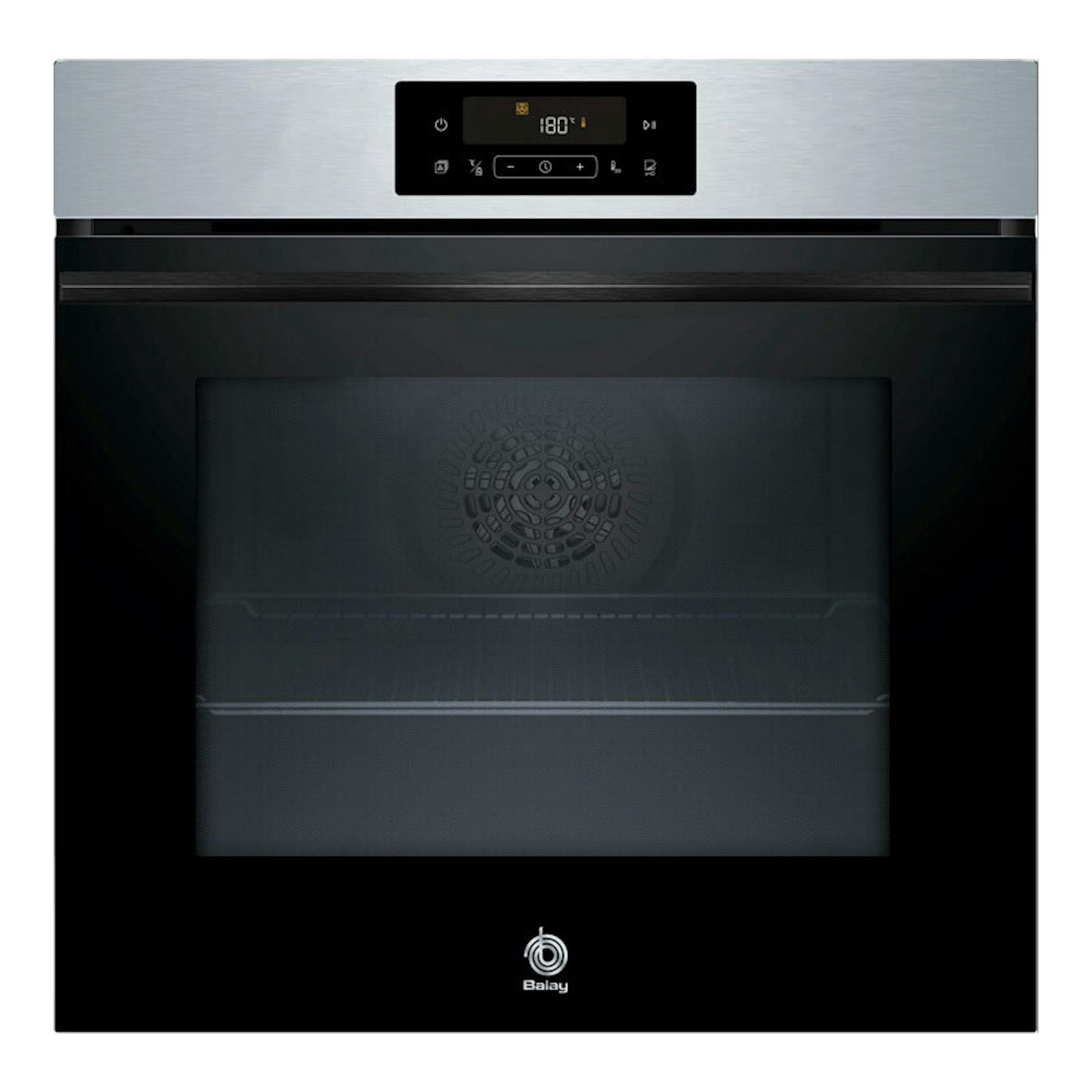 Horno Balay 3HD4821X3 inox, vista frontal, puerta negra con panel superior digital y acabado de acero inoxidable.