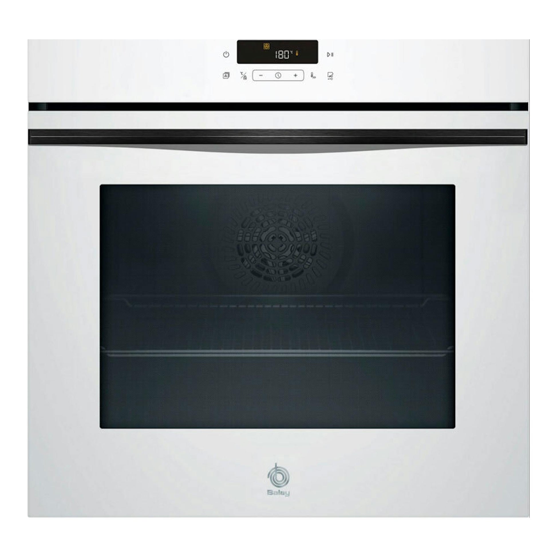 Horno Balay 3HD5829B3 blanco, vista frontal, con puerta de cristal negro y panel digital superior.