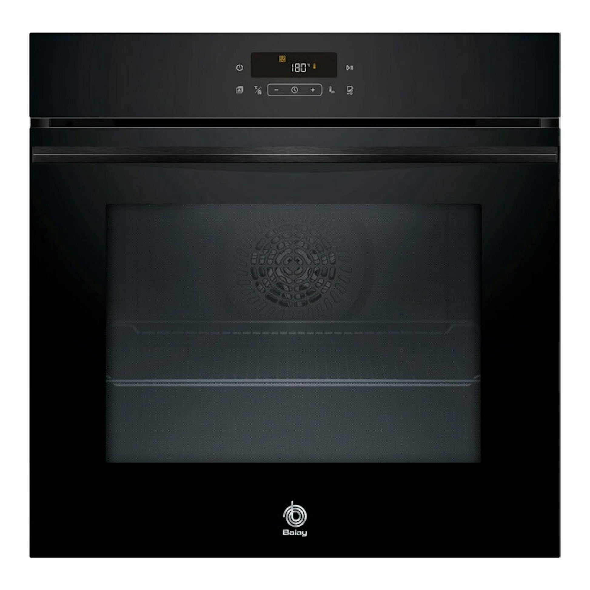 Horno Balay 3HD5829N3 de cristal negro, vista frontal, con panel digital y puerta de vidrio.