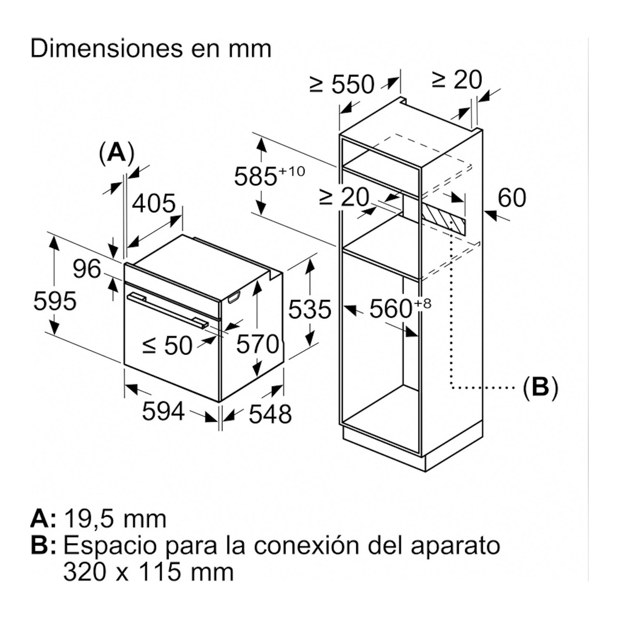 Horno Balay 3HD5829N3, esquema técnico de dimensiones e instalación, vistas frontal y lateral en negro.