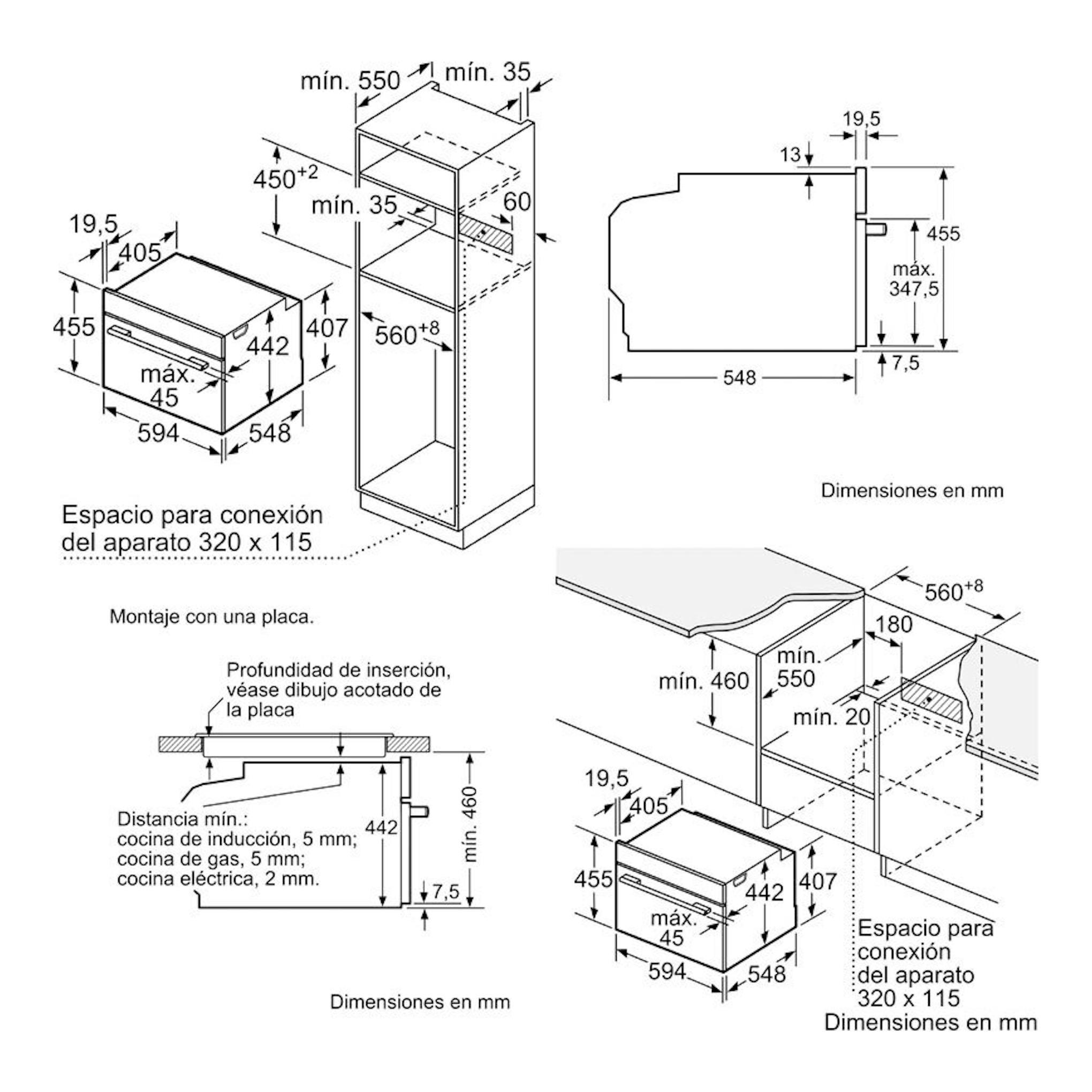 Bosch CBG7341B1 negro: esquema técnico del horno empotrable con vistas y cotas en mm.