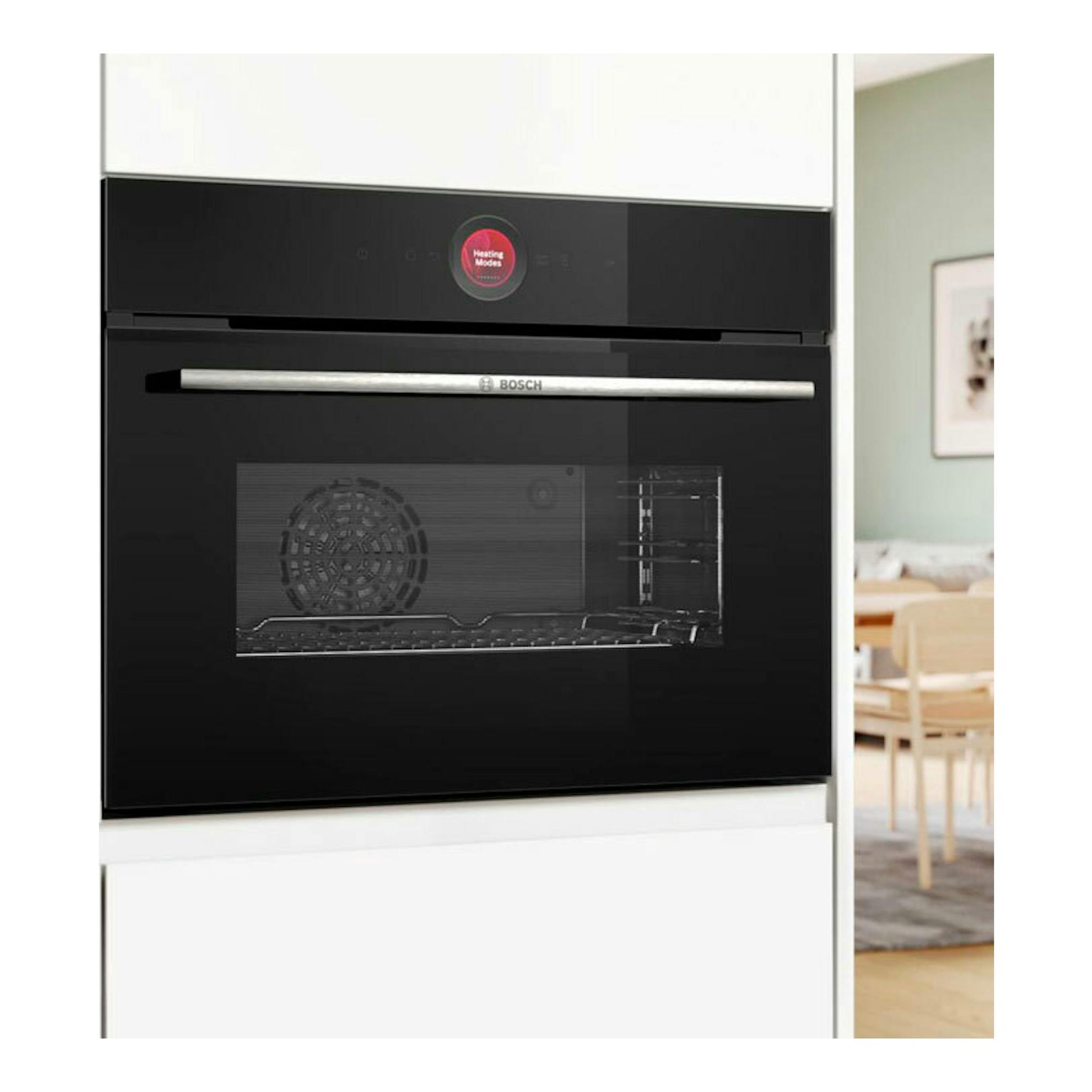 Horno empotrado Bosch CBG7341B1 negro, vista frontal, con puerta de cristal y panel táctil.