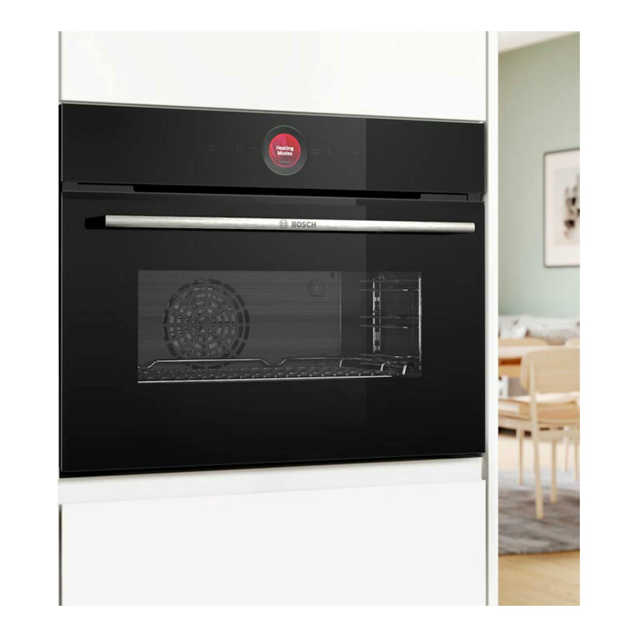 Horno empotrado Bosch CBG7341B1 negro, vista frontal, con puerta de cristal y panel táctil.