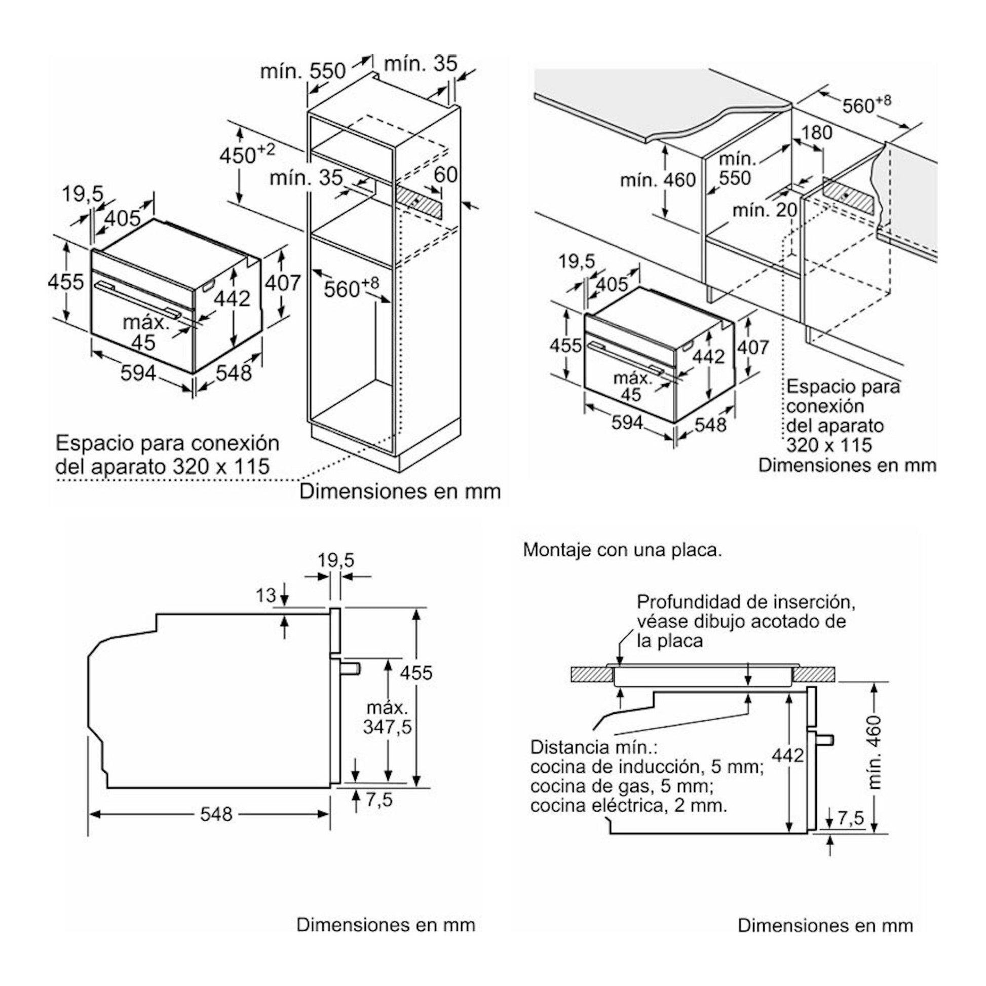 Bosch CBG7741B1 negro: plano técnico con medidas de instalación del horno empotrable en varias vistas.
