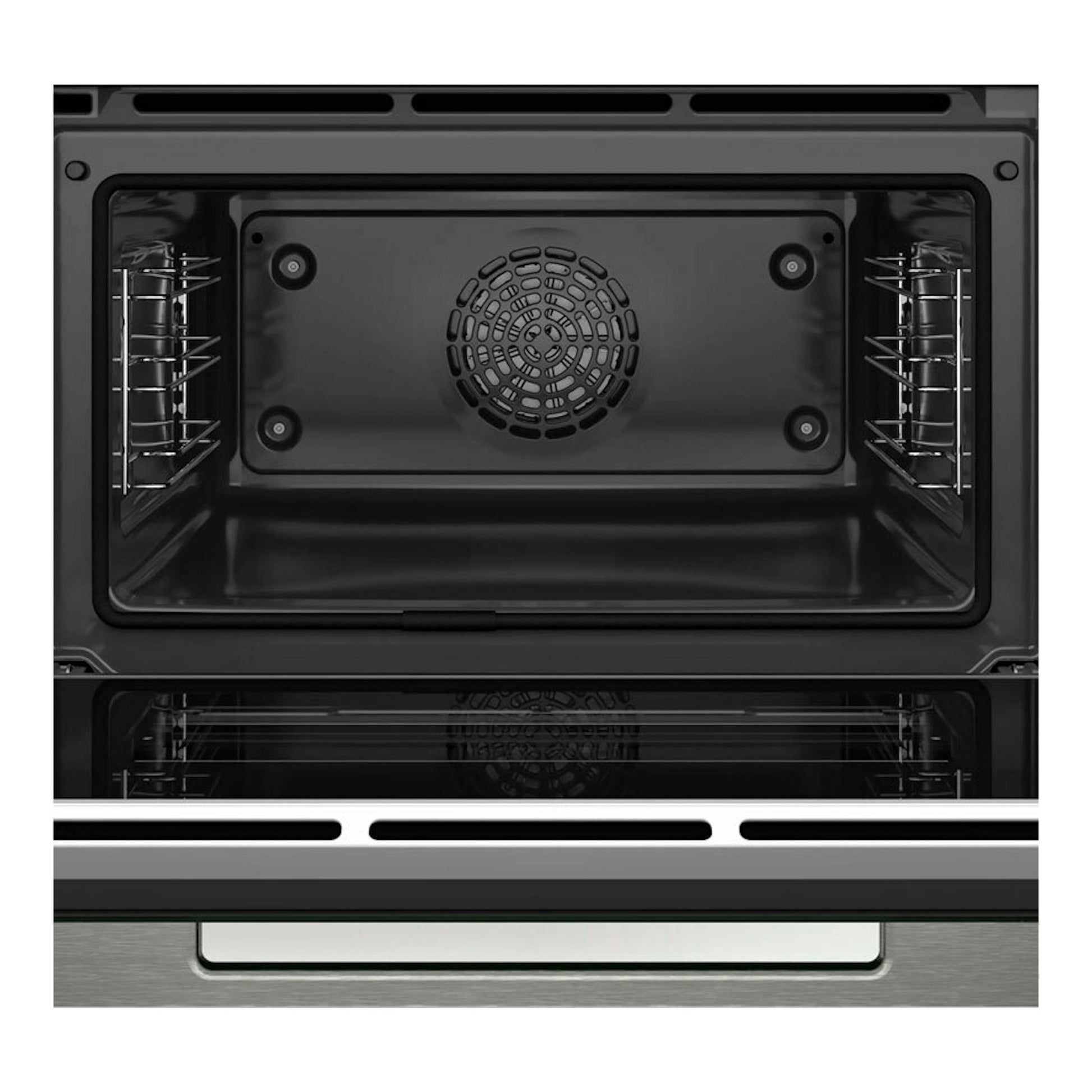 Interior de horno Bosch CBG7741B1 negro, vista frontal, con ventilador trasero y guías laterales.
