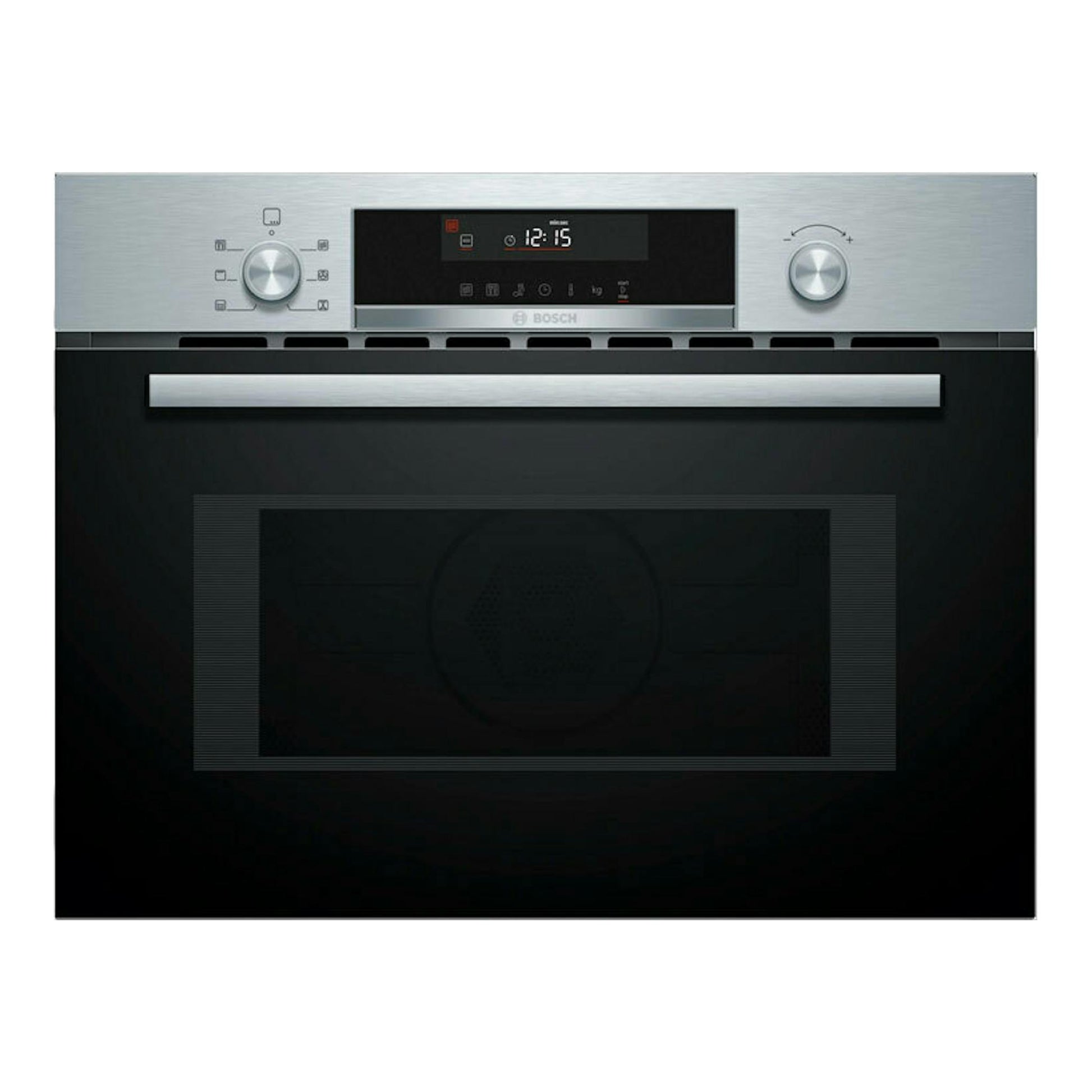 Horno Bosch CMA585GS1 inox, vista frontal, panel superior de acero, puerta negra y display digital.