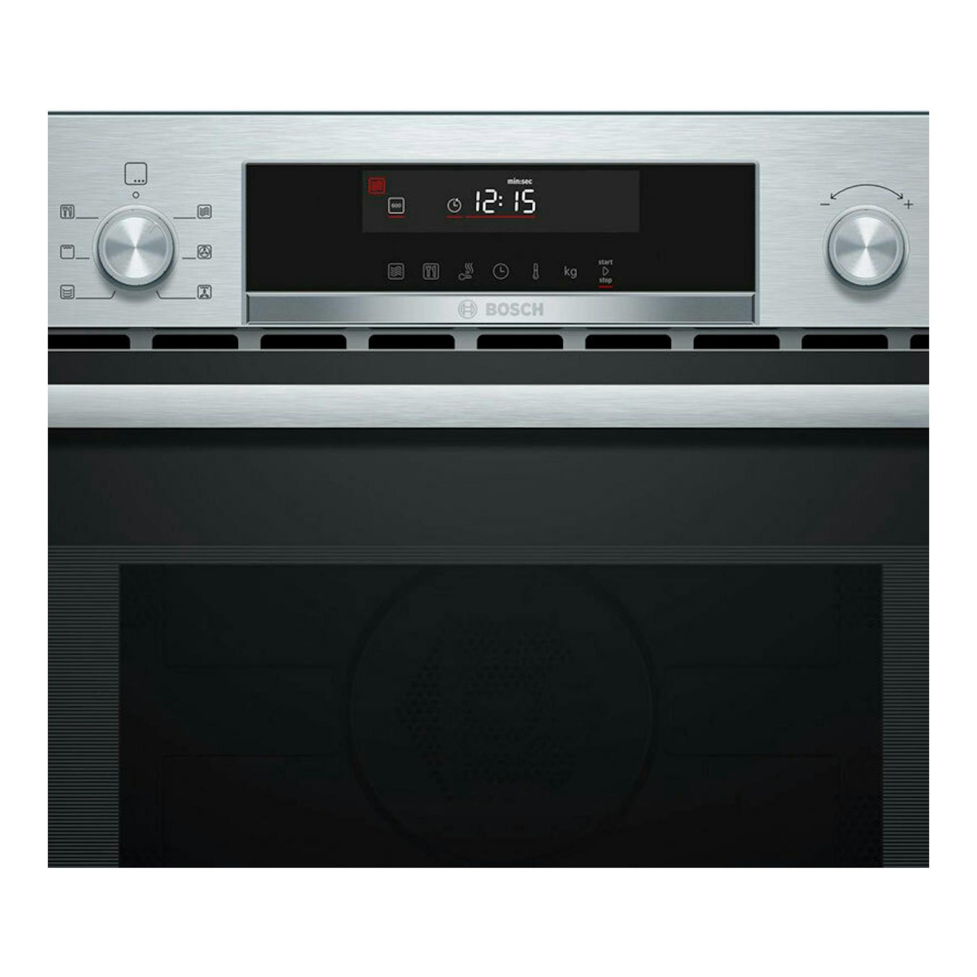 Horno empotrable Bosch CMA585GS1 en inox, frontal con panel negro, display digital y dos mandos plateados.