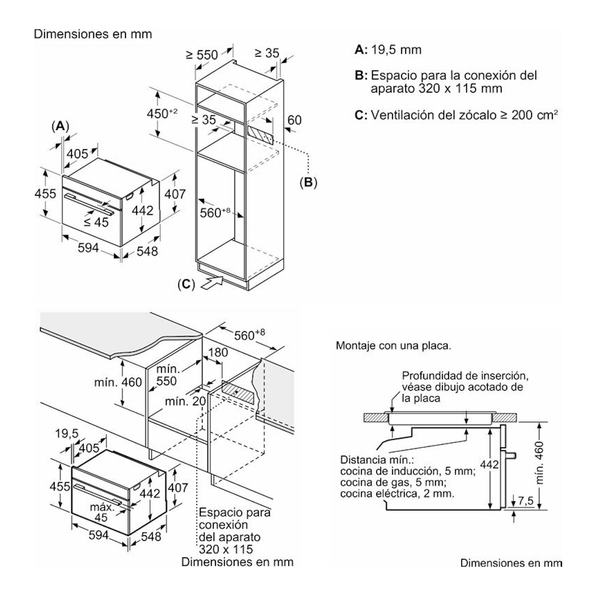 Esquema de instalación del horno Bosch CMG7241B1 negro con medidas en mm