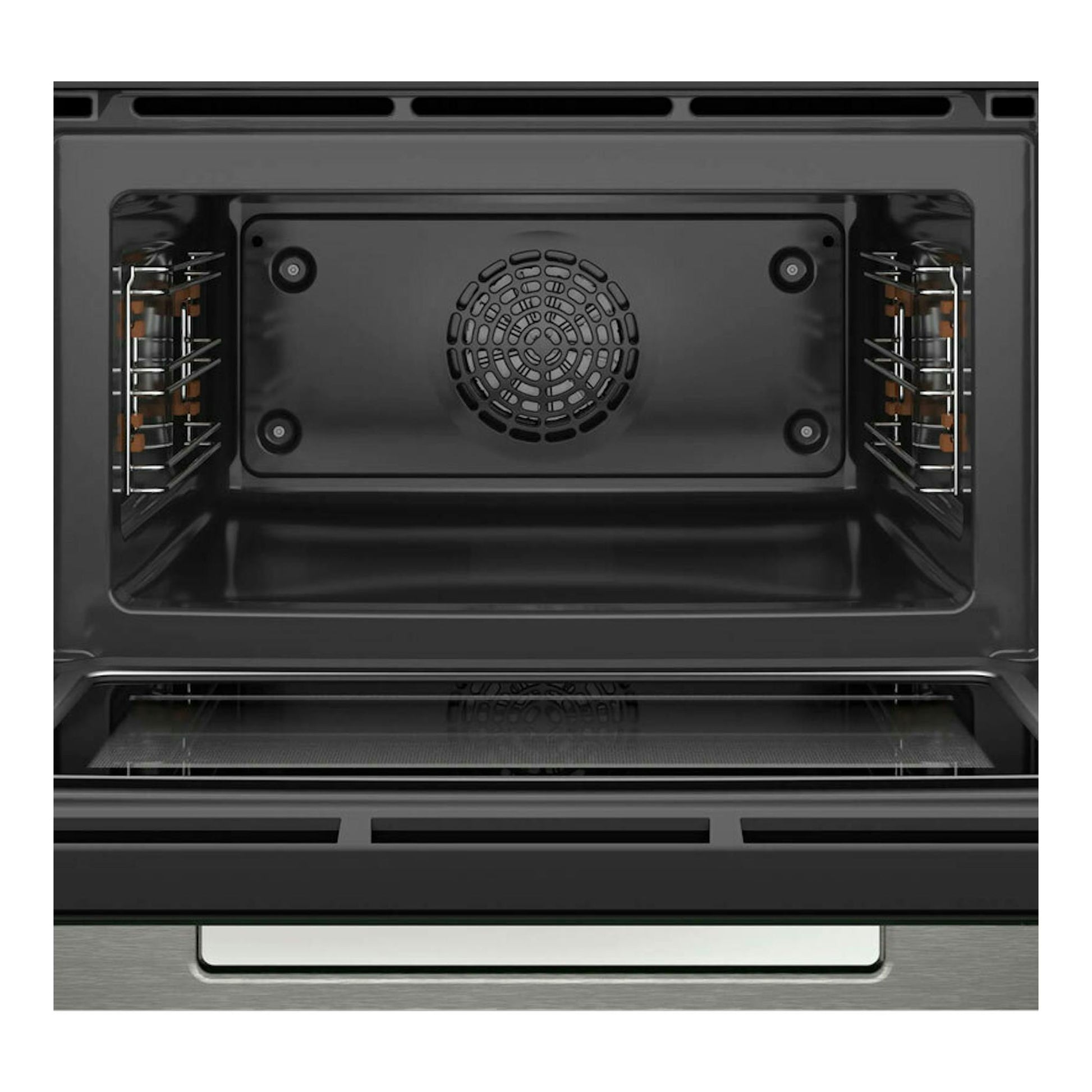 Bosch CMG7241B1 negro, vista frontal del interior del horno con ventilador y bandeja.