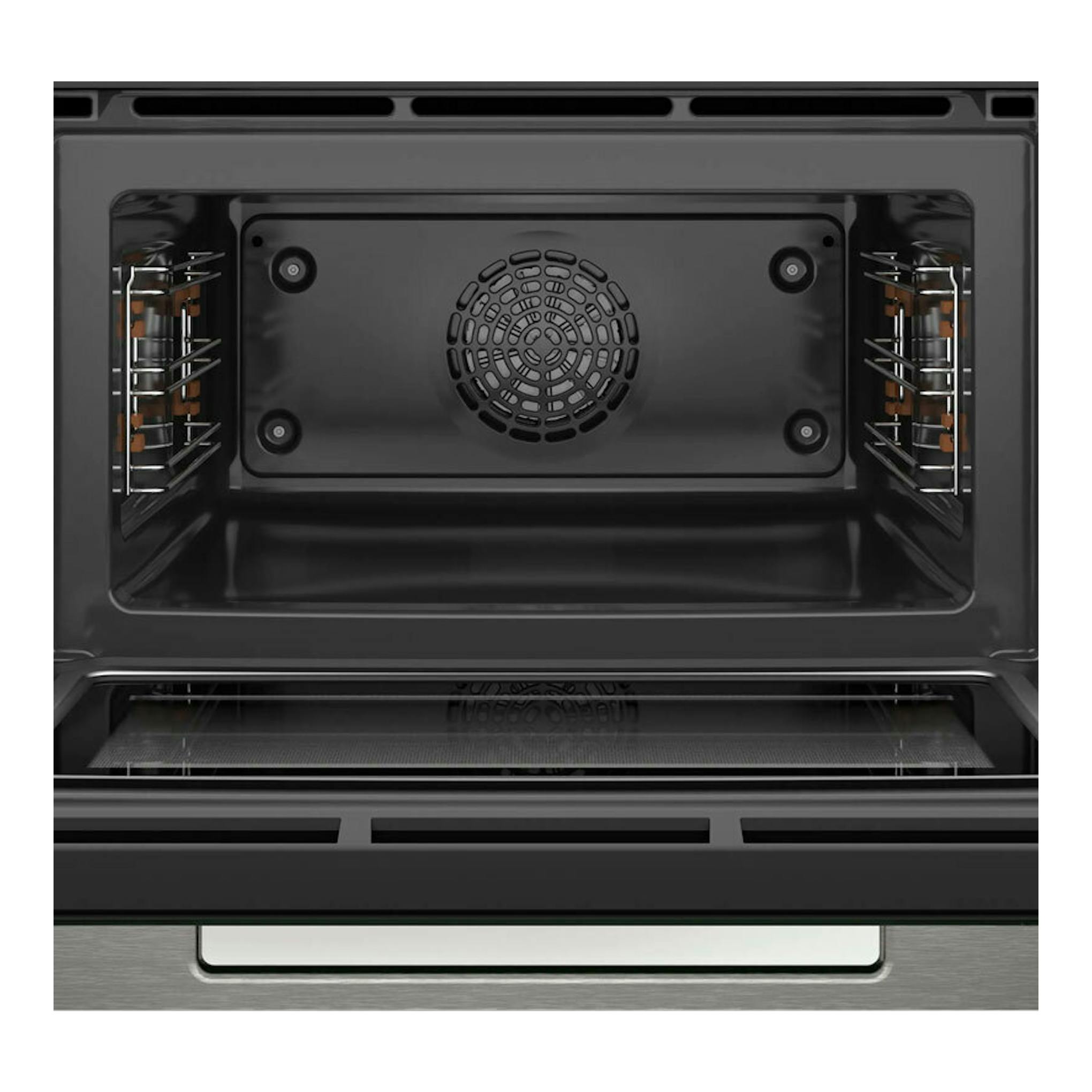 Bosch CMG7241B1 negro, vista frontal del interior del horno con ventilador y bandeja.