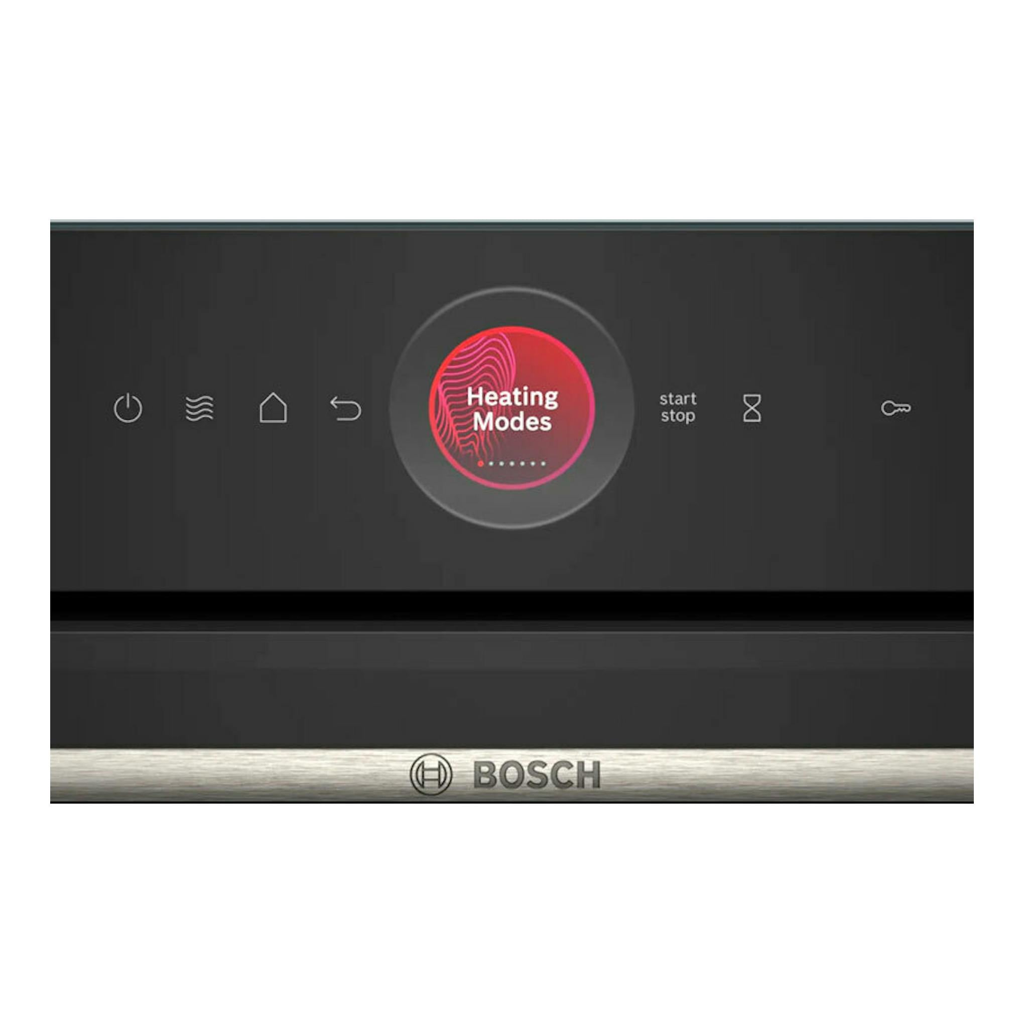 Primer plano del panel frontal negro del horno Bosch CMG7241B1, con controles táctiles y logotipo BOSCH.