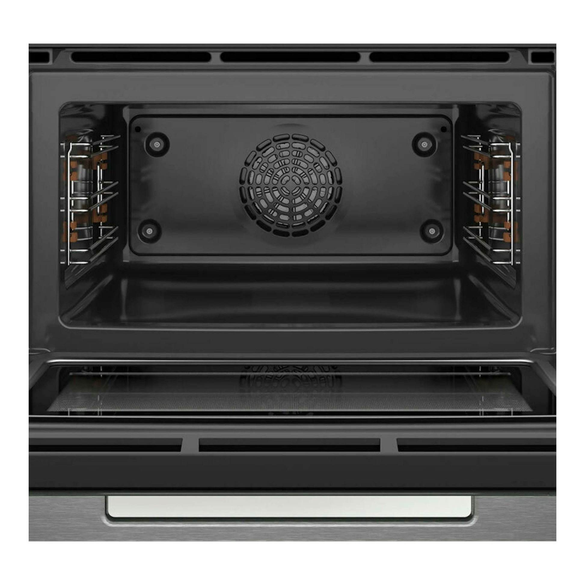 Bosch CMG7241W1, vista frontal del interior de un horno negro con ventilador trasero, bandeja y guías laterales.
