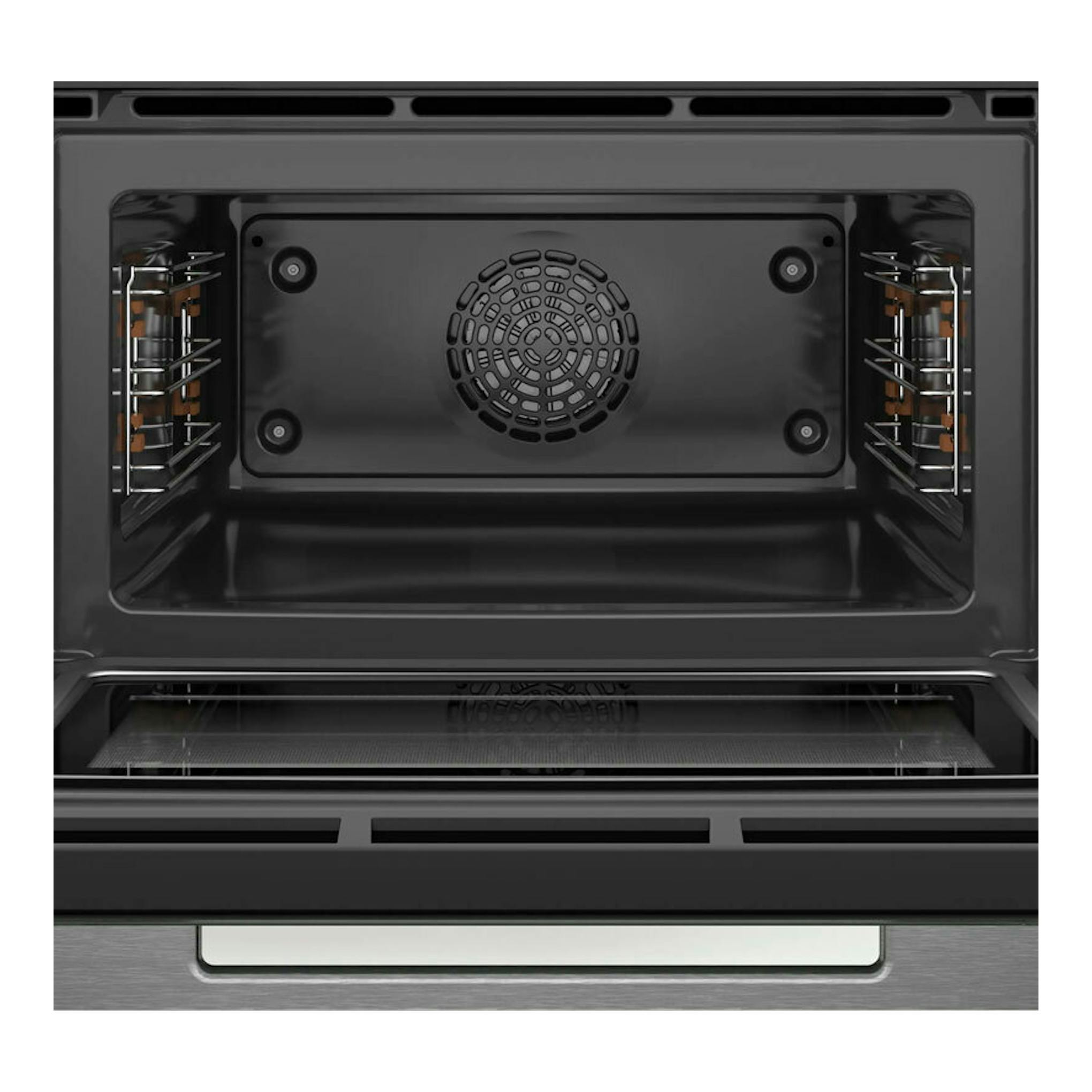 Bosch CMG7241W1, vista frontal del interior de un horno negro con ventilador trasero, bandeja y guías laterales.
