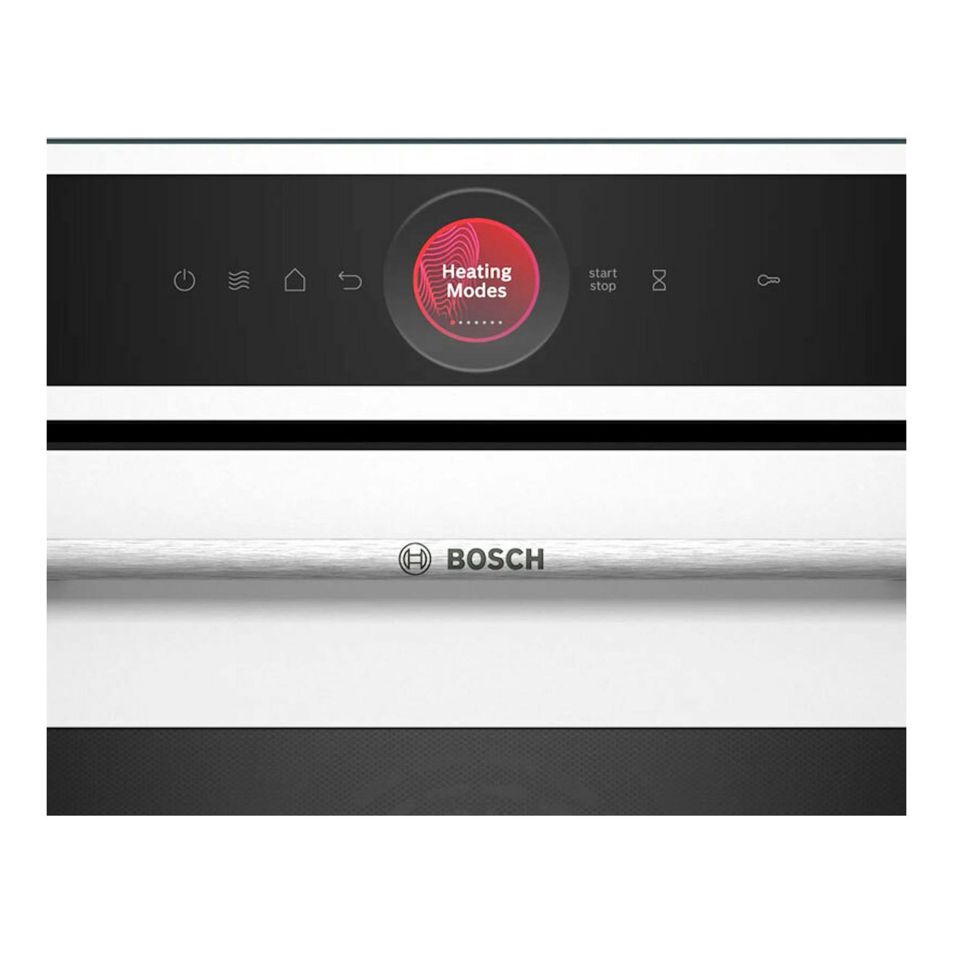 Horno Bosch CMG7241W1 blanco, vista frontal parcial con panel digital negro y tirador metálico.