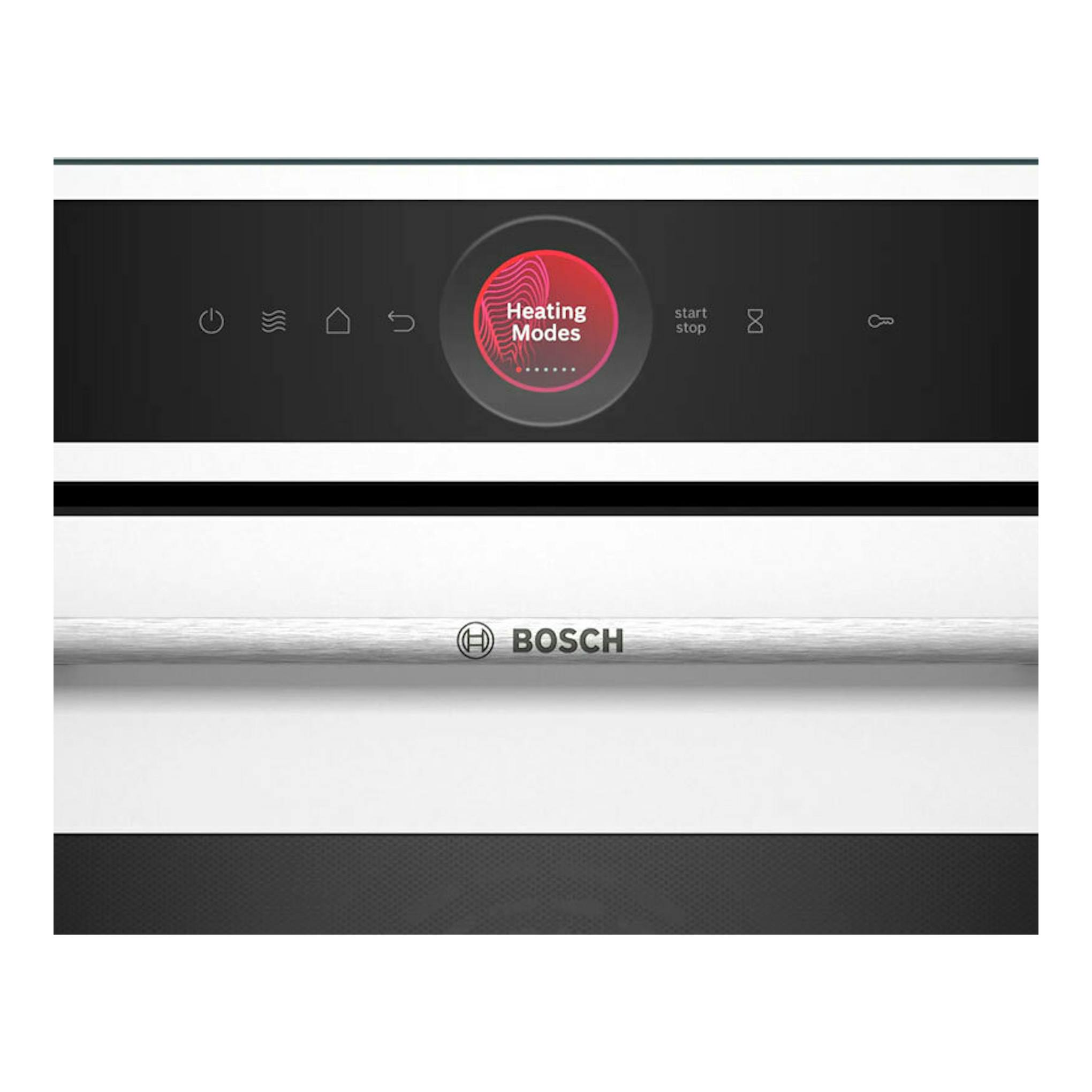 Horno Bosch CMG7241W1 blanco, vista frontal parcial con panel digital negro y tirador metálico.