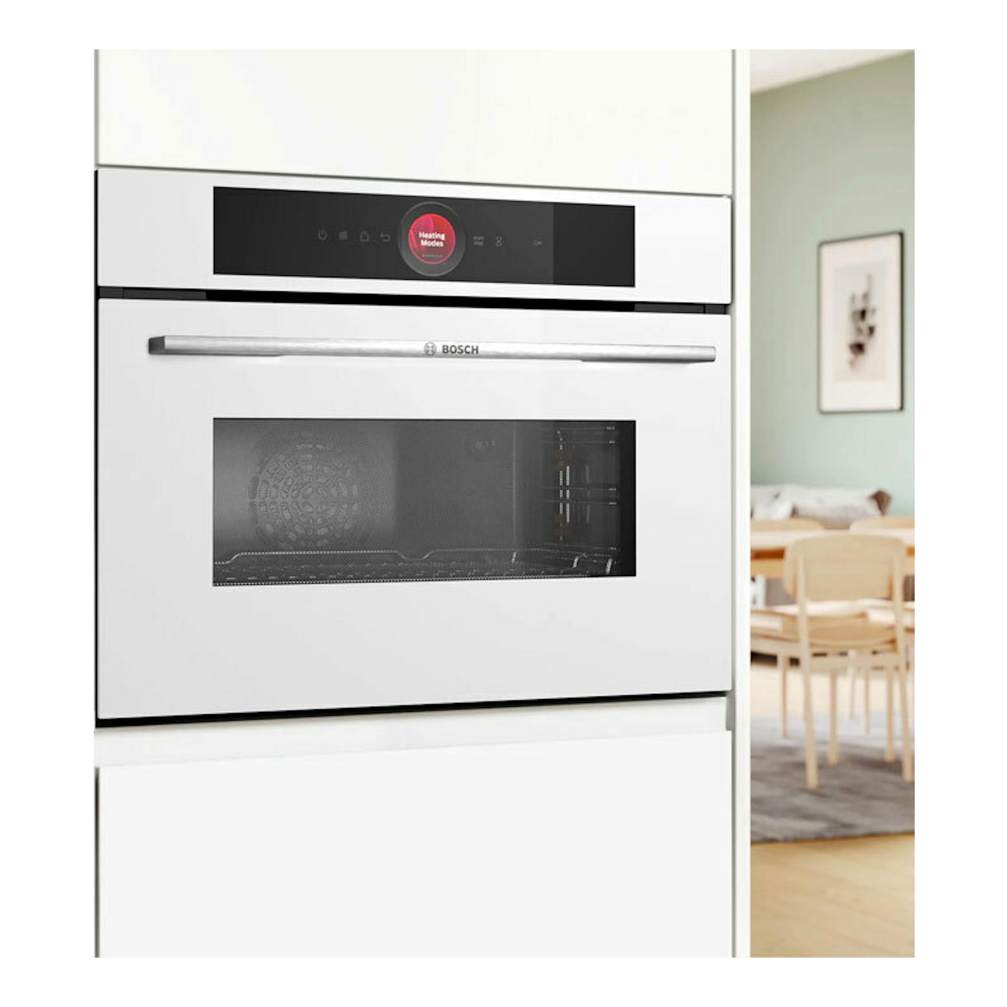 Horno empotrado Bosch CMG7241W1 blanco, vista frontal, con puerta de cristal y panel digital.