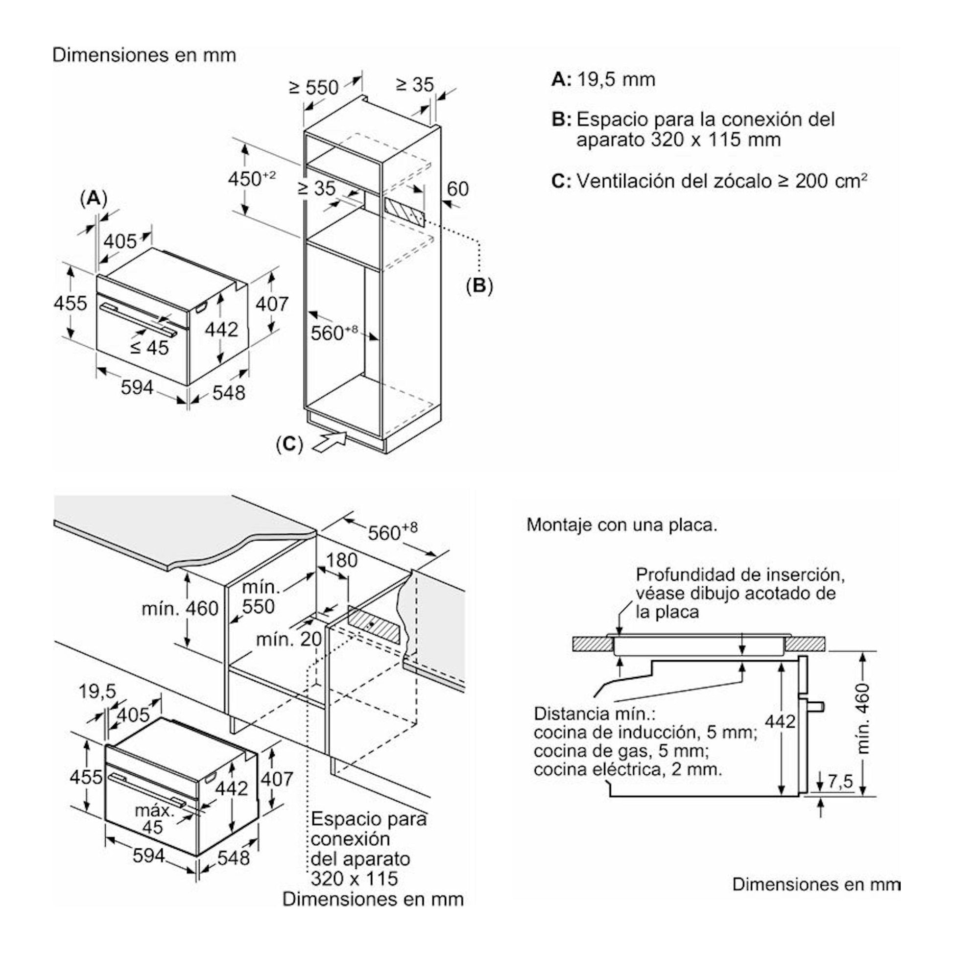 Bosch CMG7761B1: esquema técnico de dimensiones de instalación de horno empotrable 60 cm, en blanco y negro.