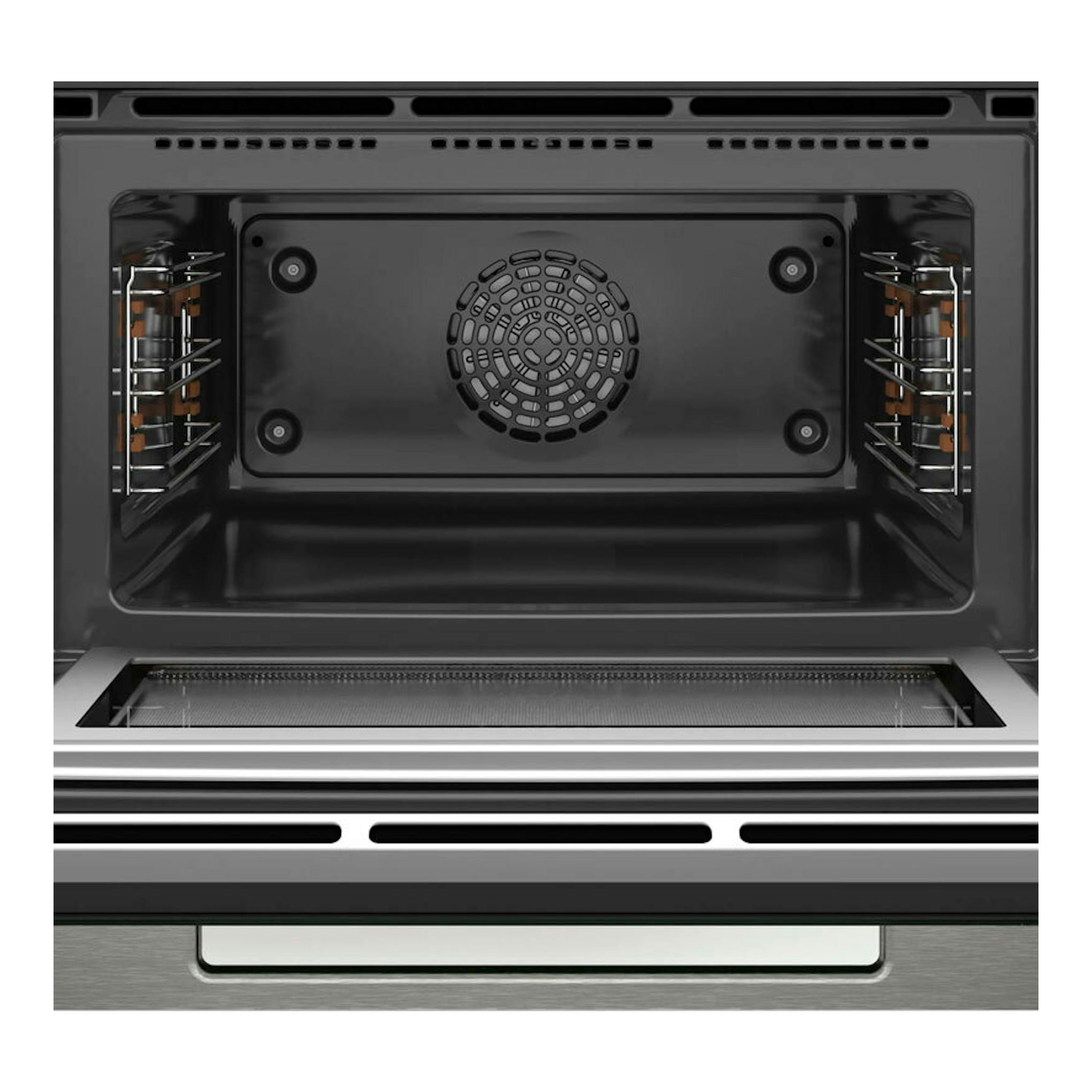 Interior de horno Bosch CMG7761B1 negro, vista frontal con ventilador central y guías laterales.