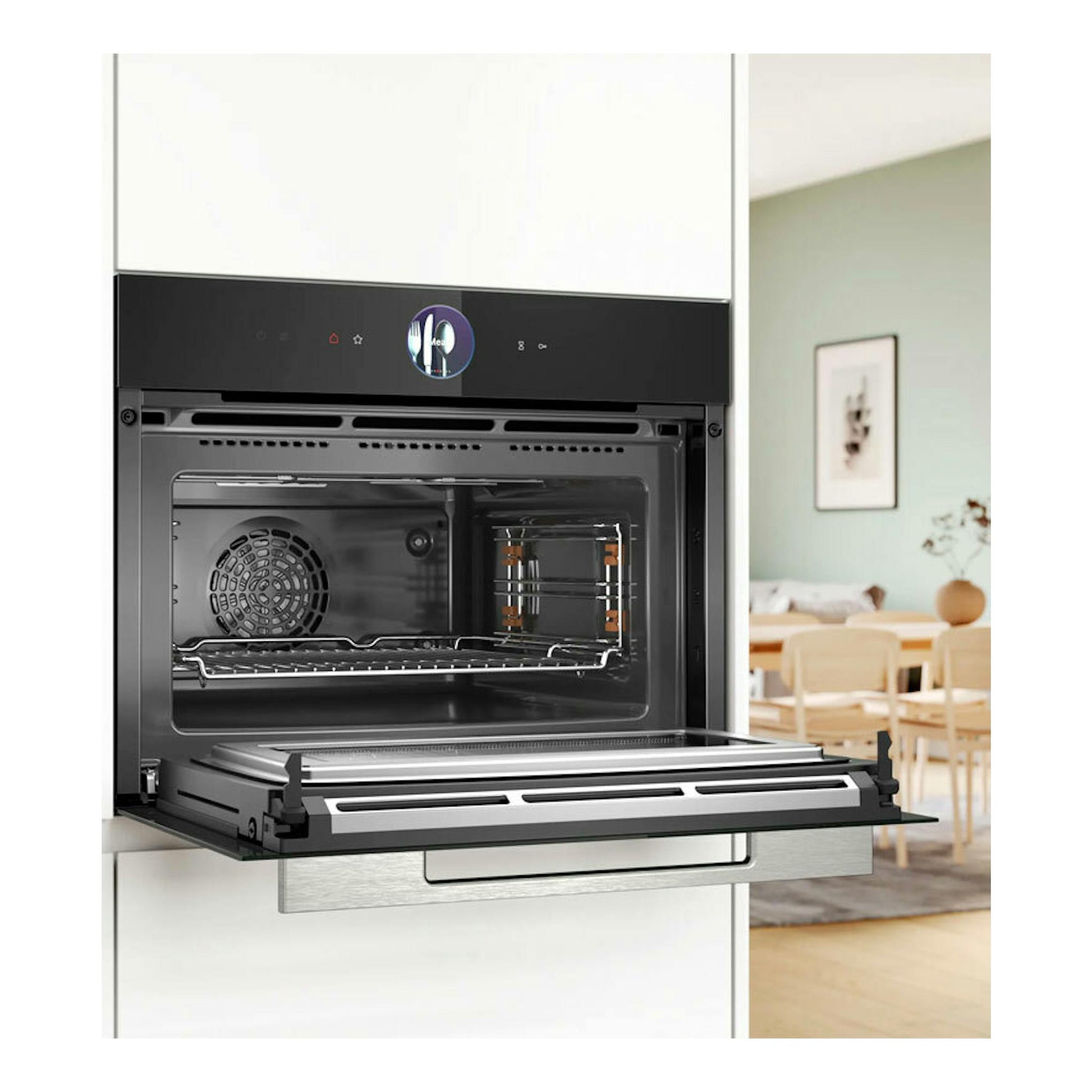 Horno Bosch CMG7761B1 negro empotrado, puerta abierta, vista frontal con interior de acero inoxidable.
