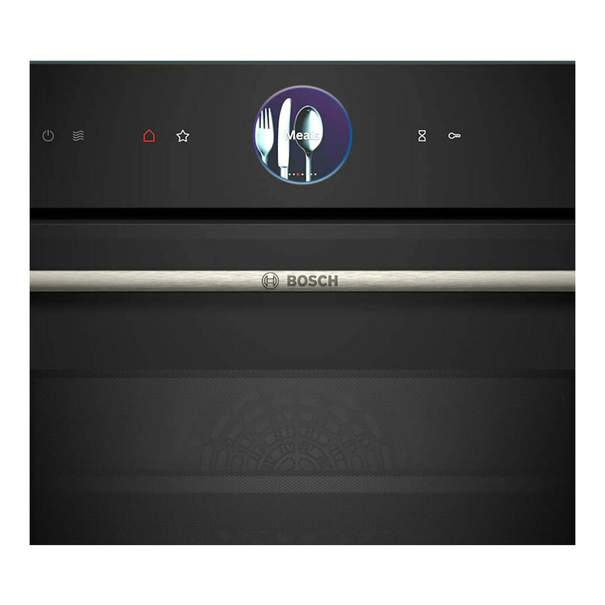 Horno Bosch negro de frente, con panel táctil superior, pantalla circular y logo BOSCH en el centro.