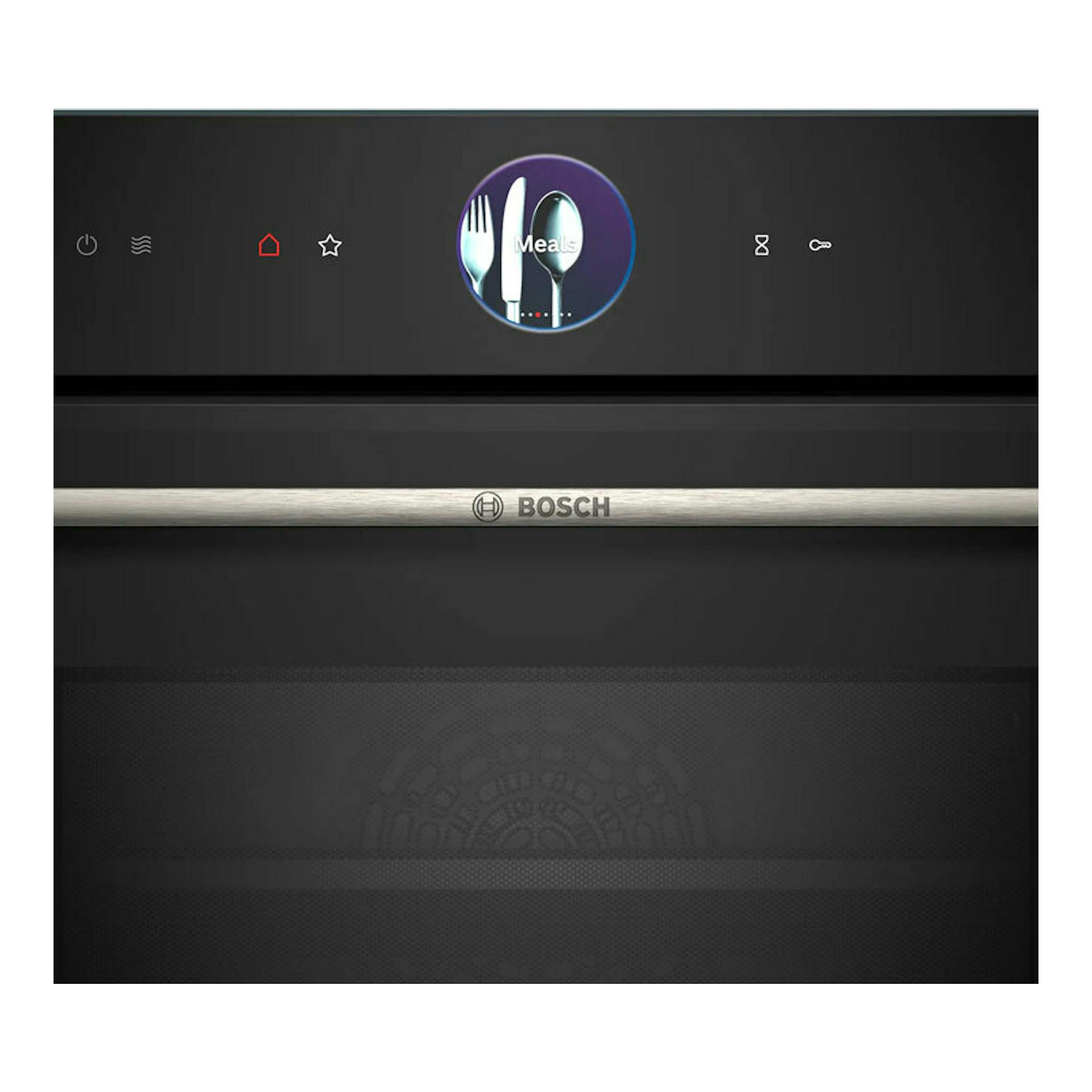 Horno Bosch negro de frente, con panel táctil superior, pantalla circular y logo BOSCH en el centro.