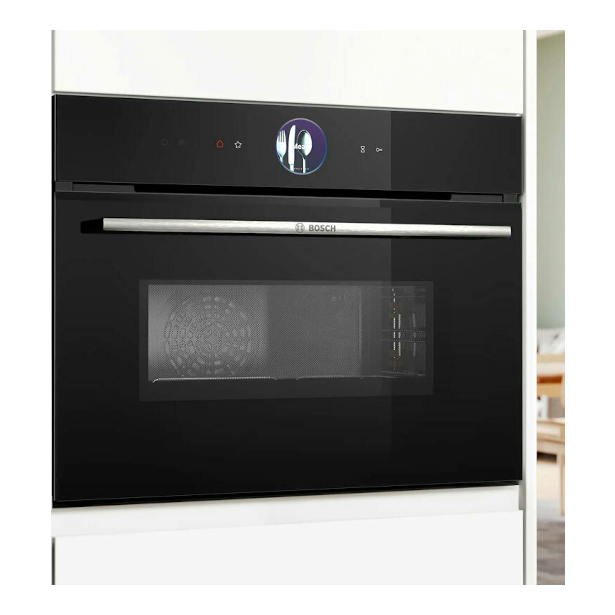Horno Bosch CMG7761B1 negro, vista frontal empotrada, con puerta de vidrio y panel táctil.