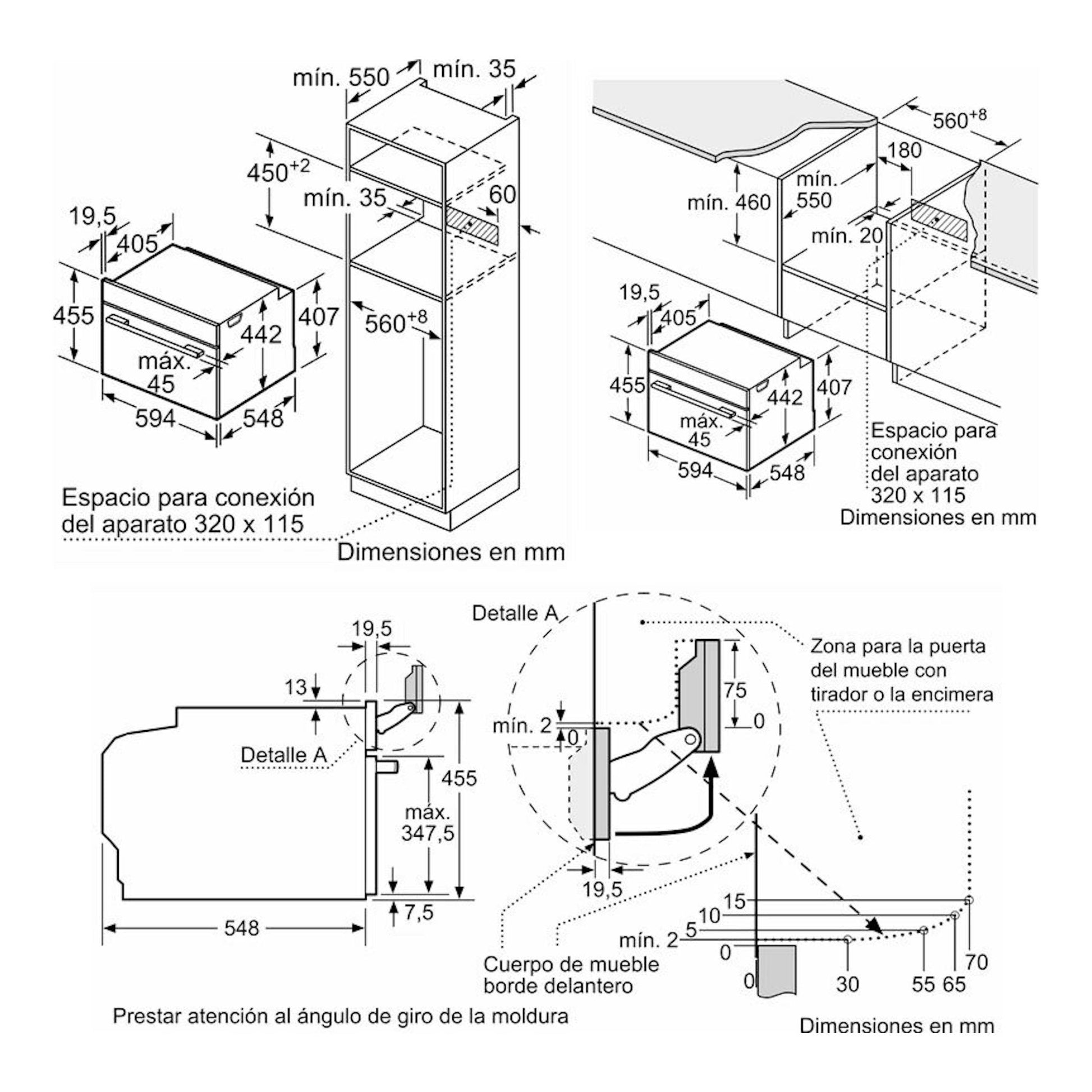 Bosch CSG7361B1 negro: esquema técnico de instalación con medidas y vistas laterales del horno.