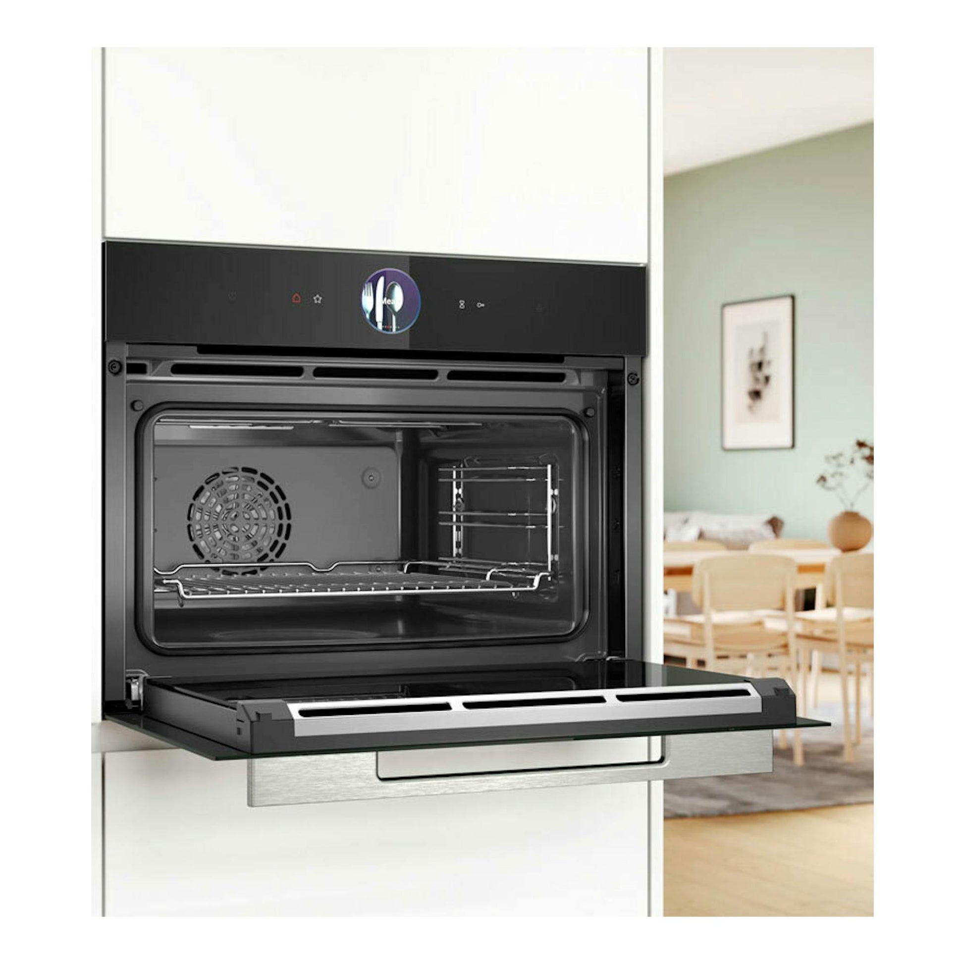 Horno Bosch CSG7361B1 negro empotrado, vista frontal con puerta abatible abierta e interior visible.