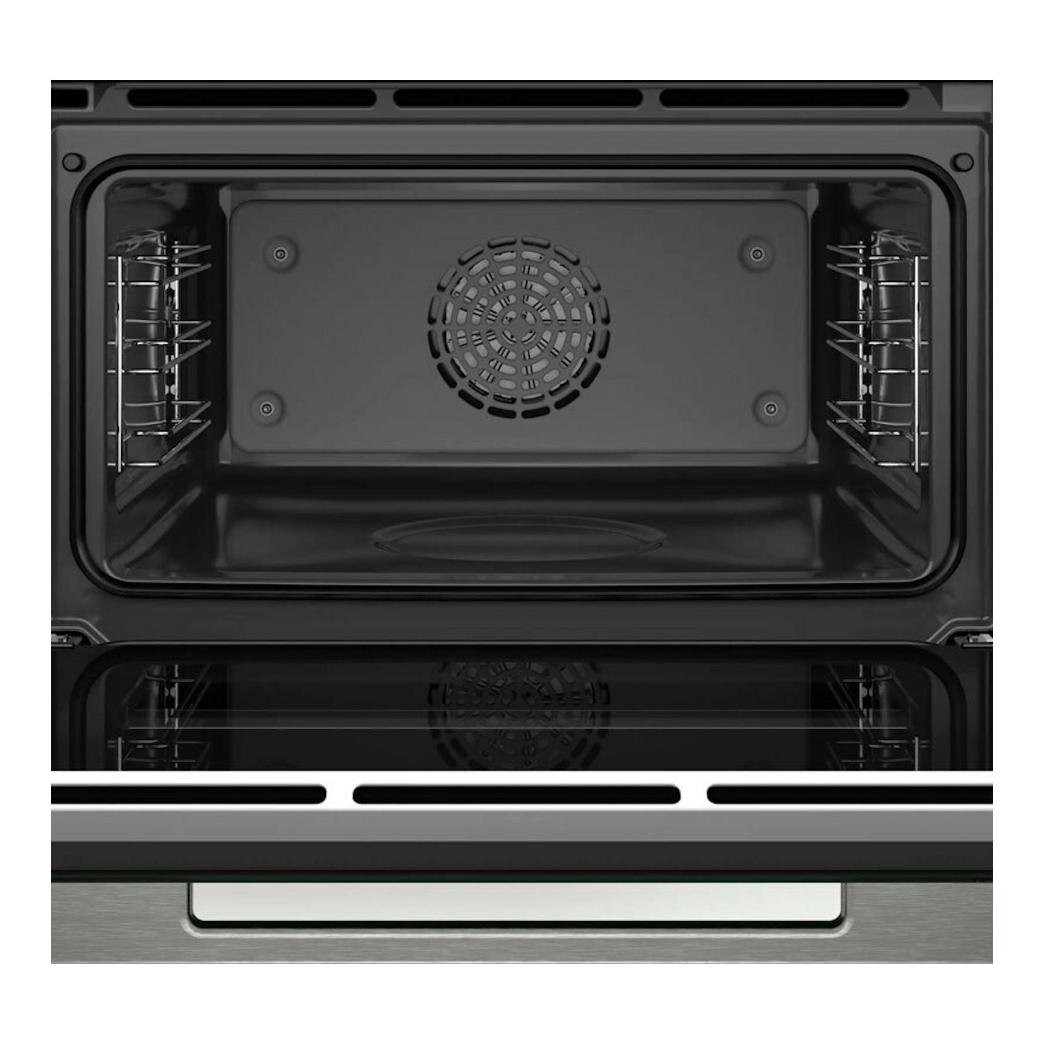 Interior de horno Bosch CSG7361B1 negro, vista frontal abierta, con ventilador trasero y rejillas laterales.
